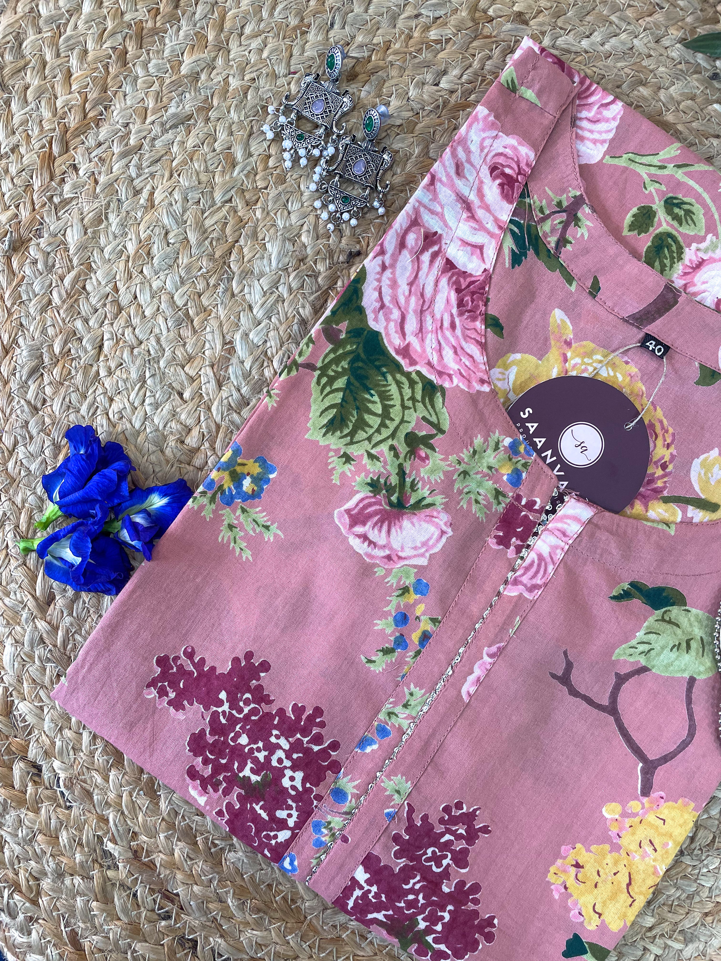 Rose Blush Floral Print Cotton Straight Kurta