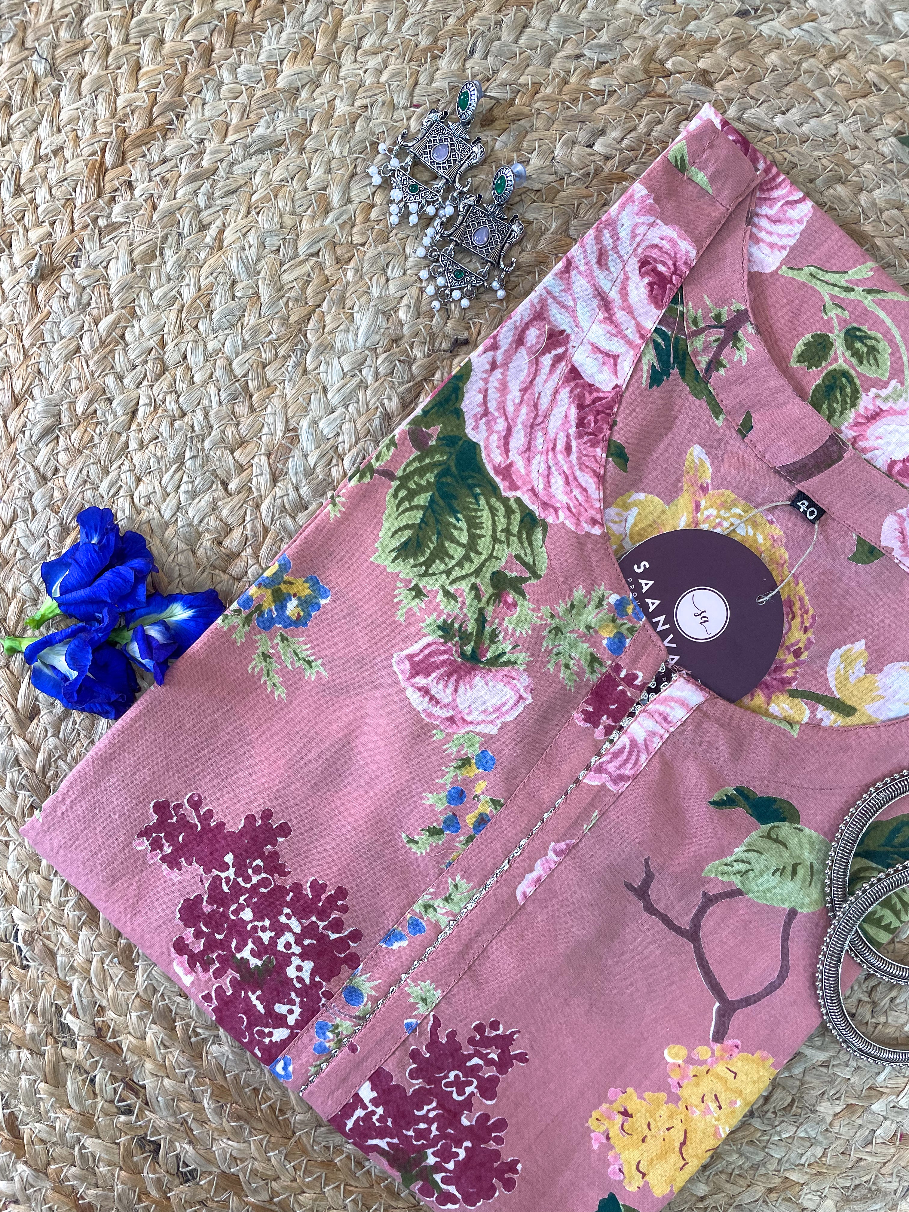Rose Blush Floral Print Cotton Straight Kurta