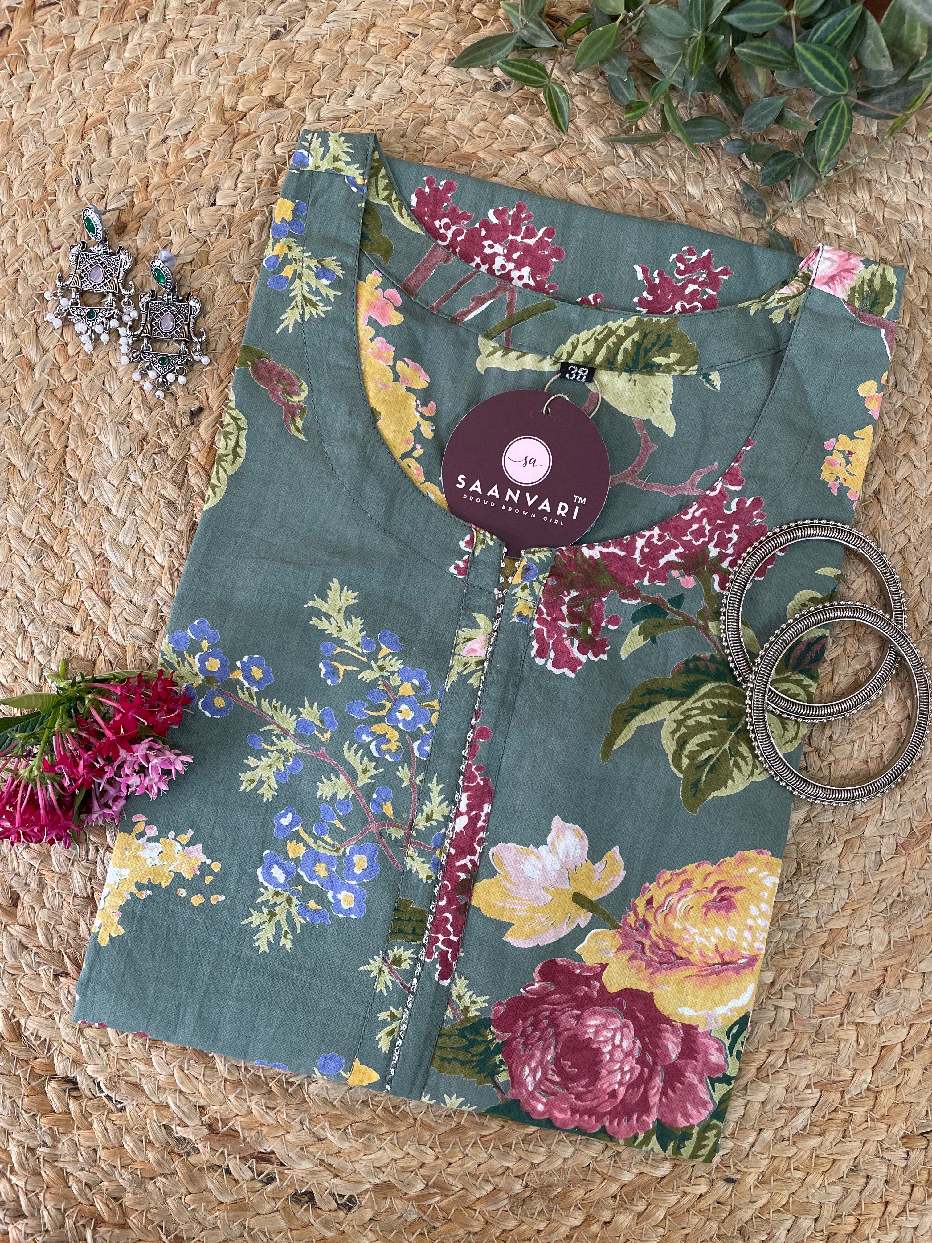 Sage Green Floral Print Cotton Straight Kurta – Jaipur Collection