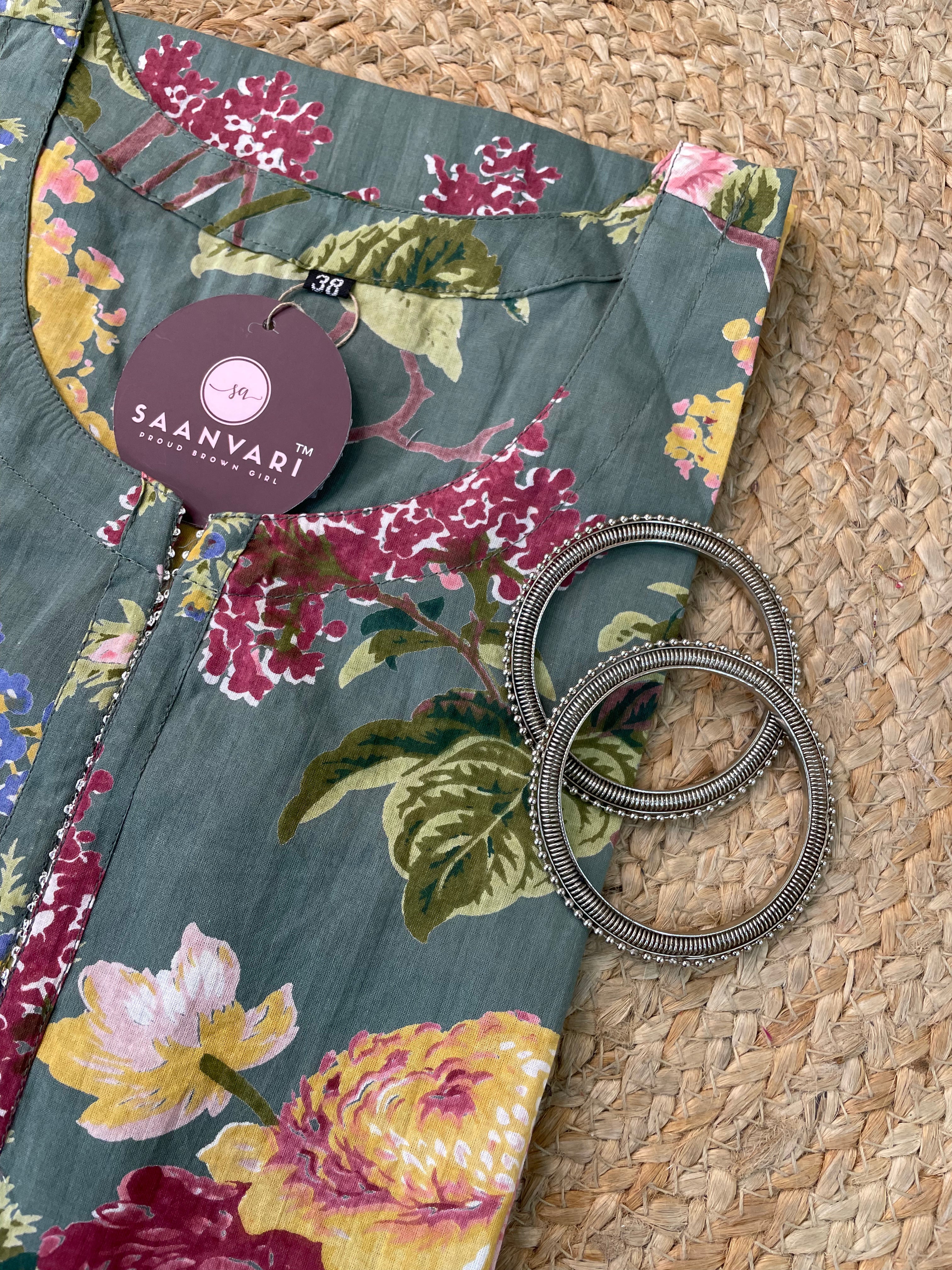 Sage Green Floral Print Cotton Straight Kurta – Jaipur Collection
