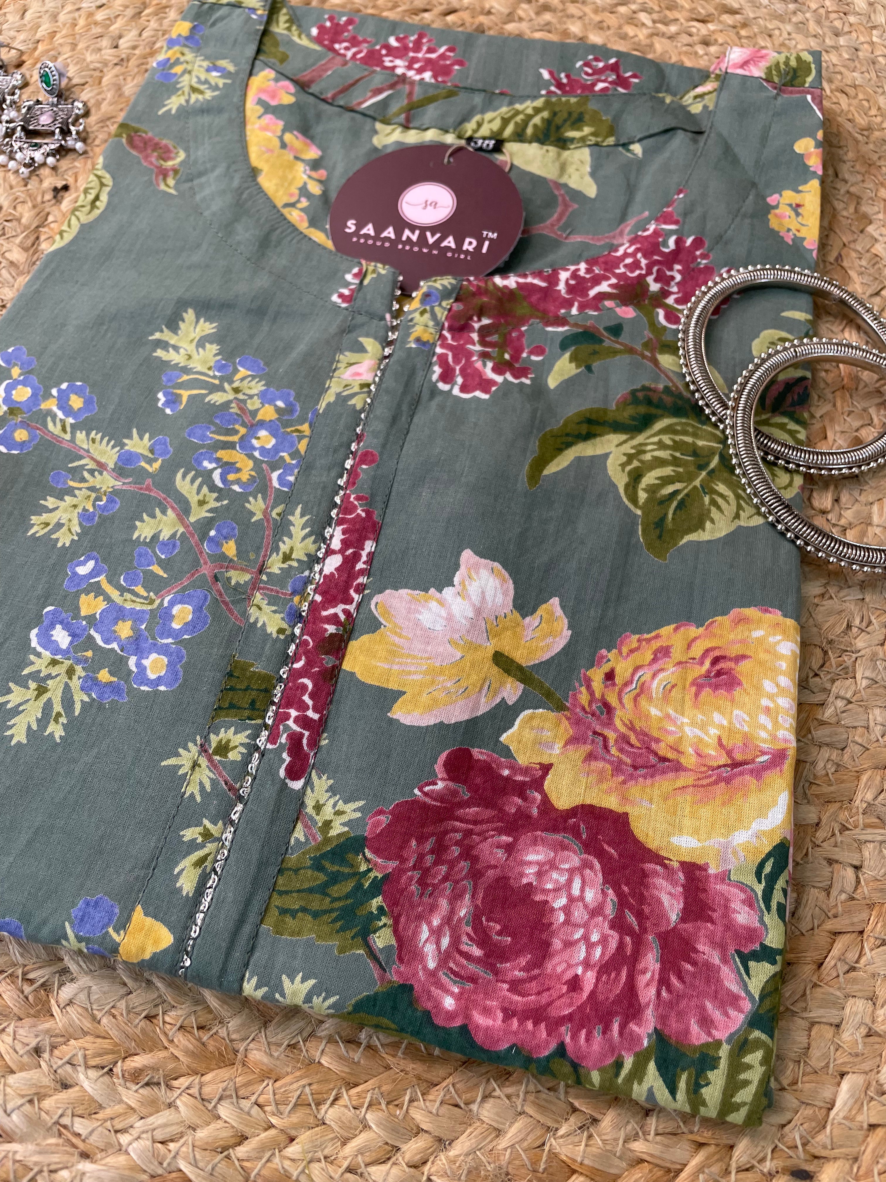 Sage Green Floral Print Cotton Straight Kurta – Jaipur Collection