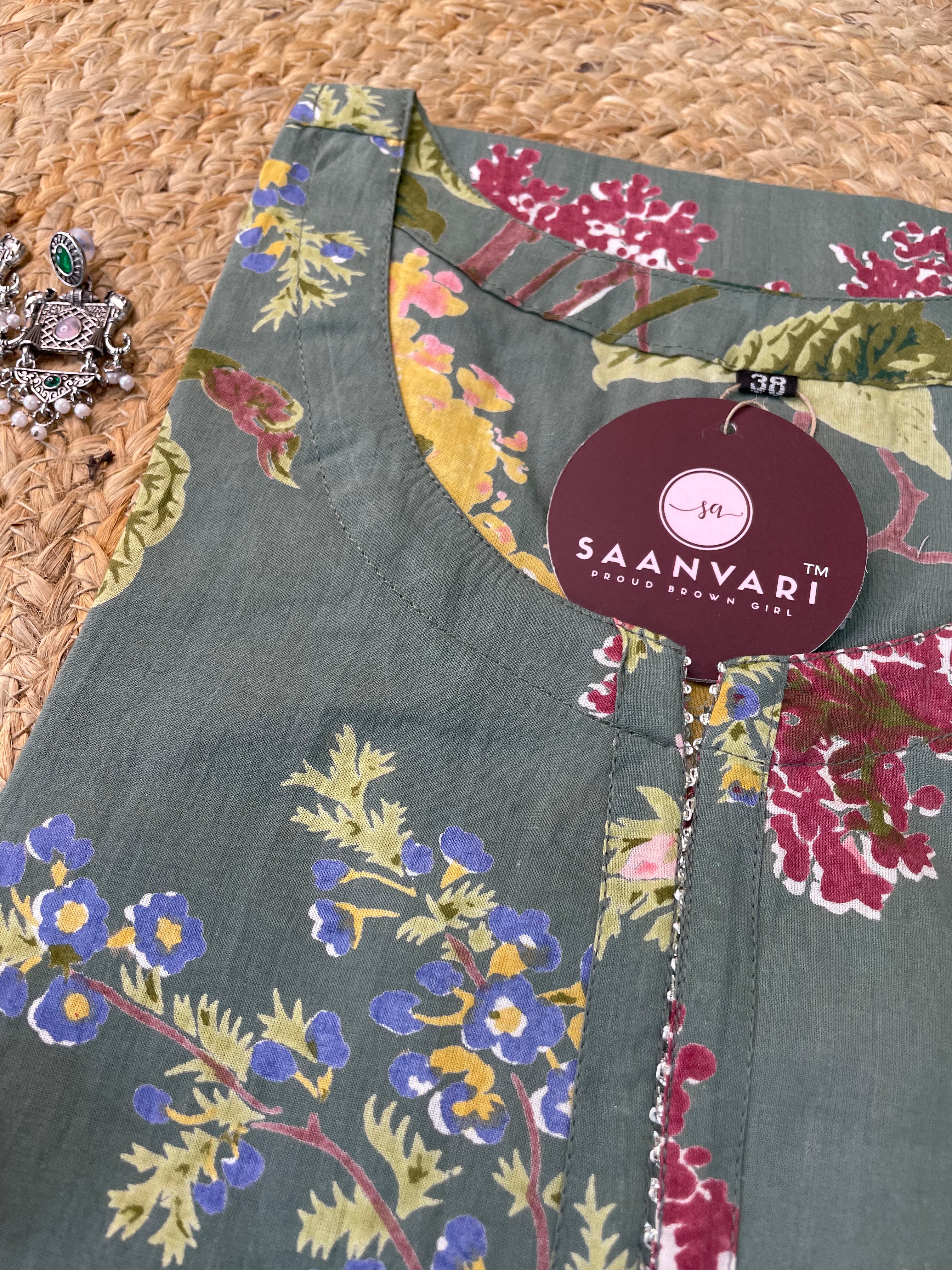 Sage Green Floral Print Cotton Straight Kurta – Jaipur Collection