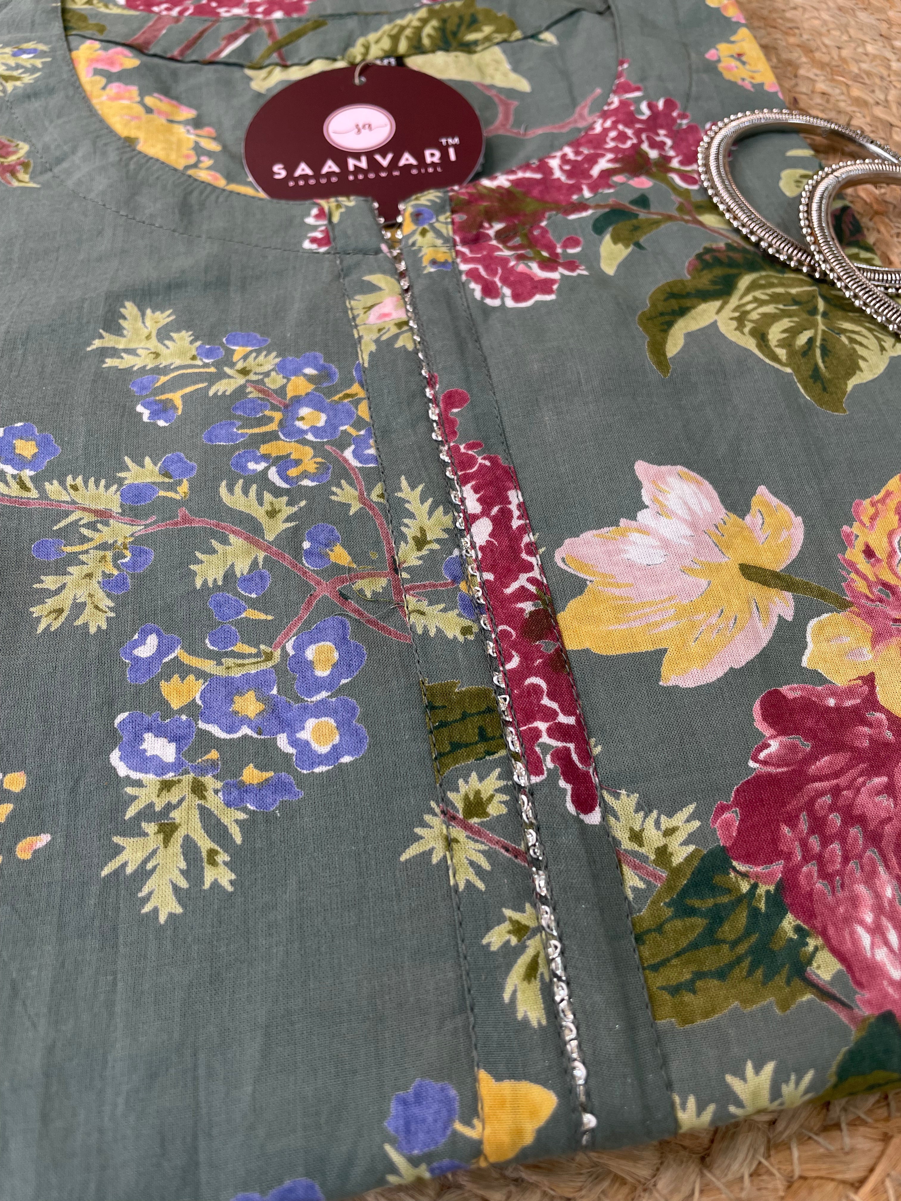 Sage Green Floral Print Cotton Straight Kurta – Jaipur Collection
