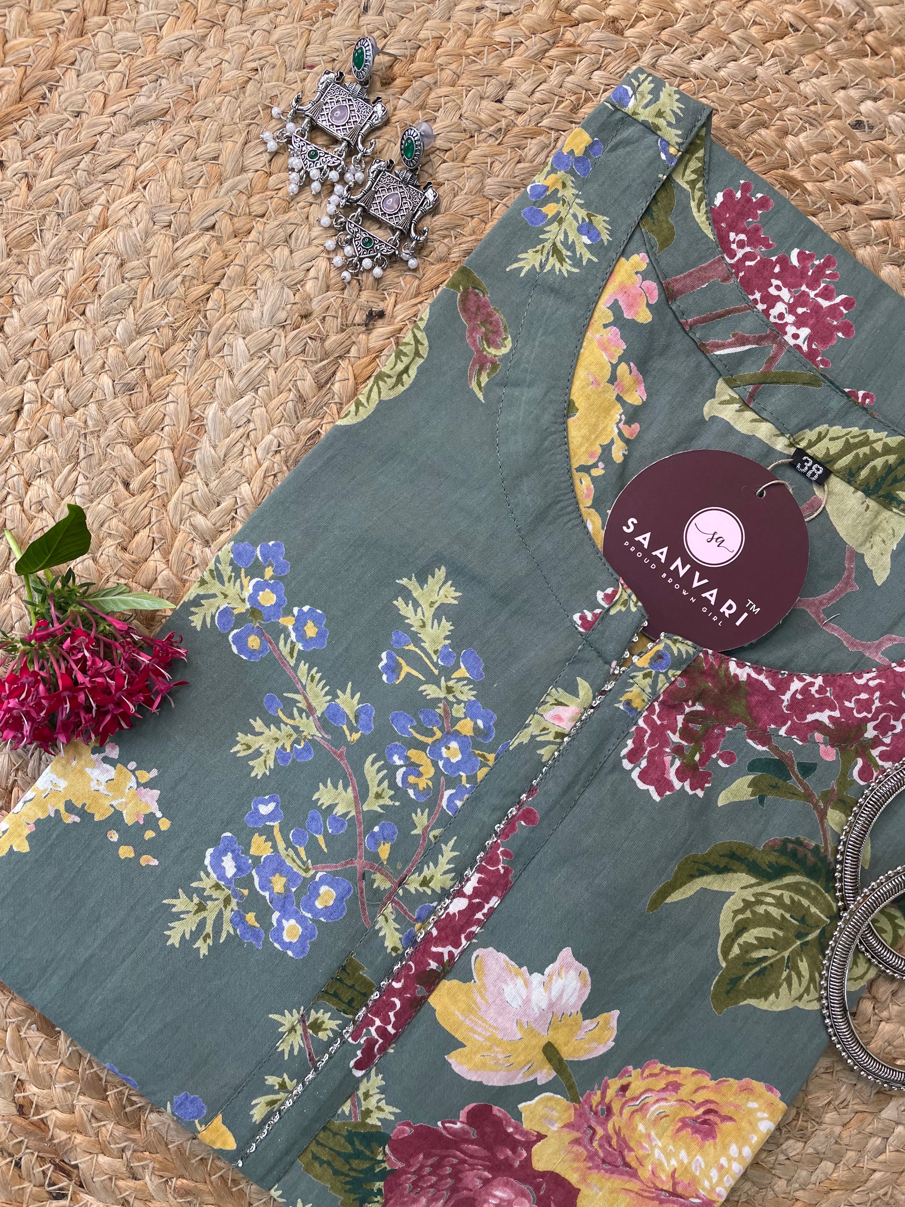 Sage Green Floral Print Cotton Straight Kurta – Jaipur Collection