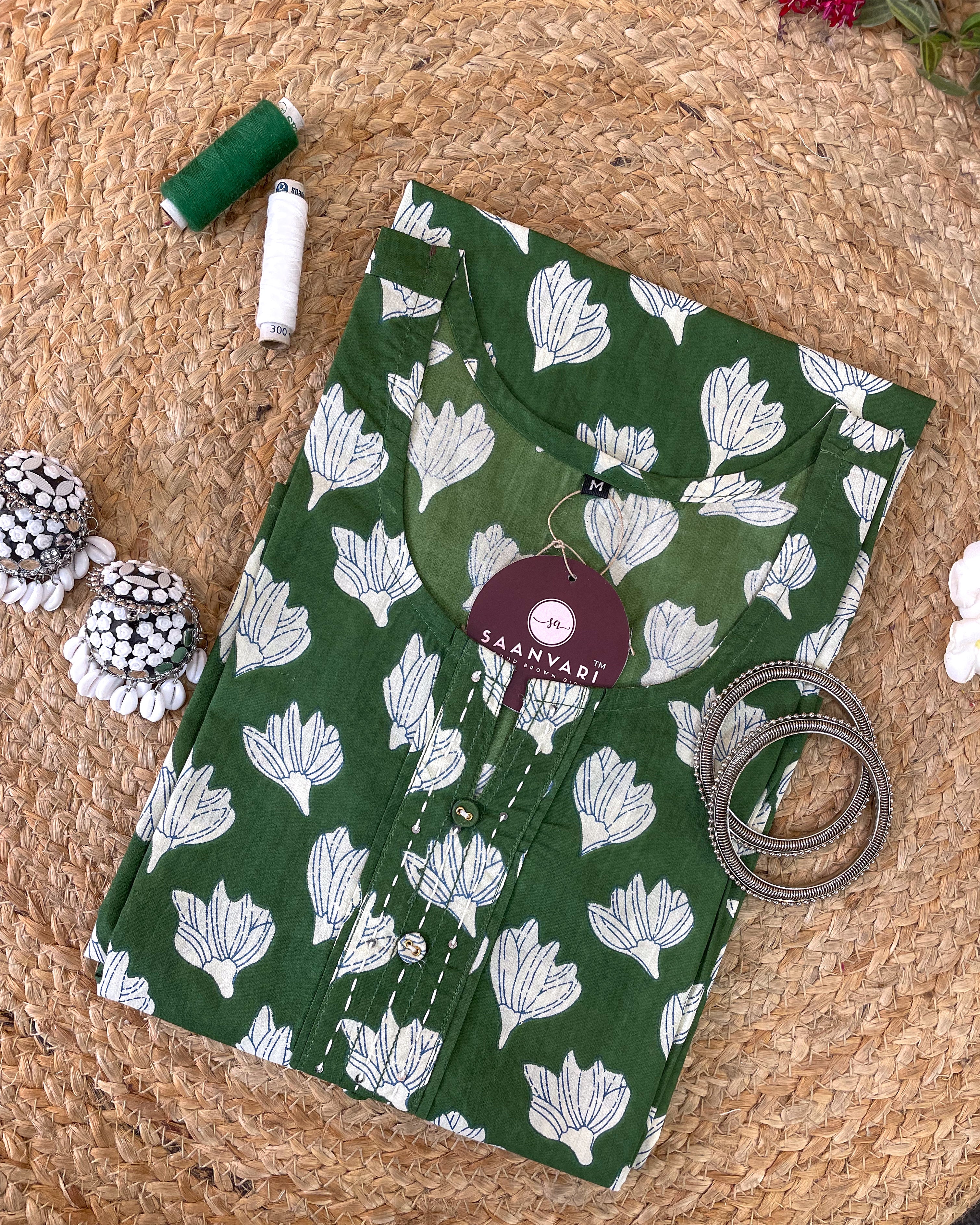 Green Floral Print Cotton Straight Kurta