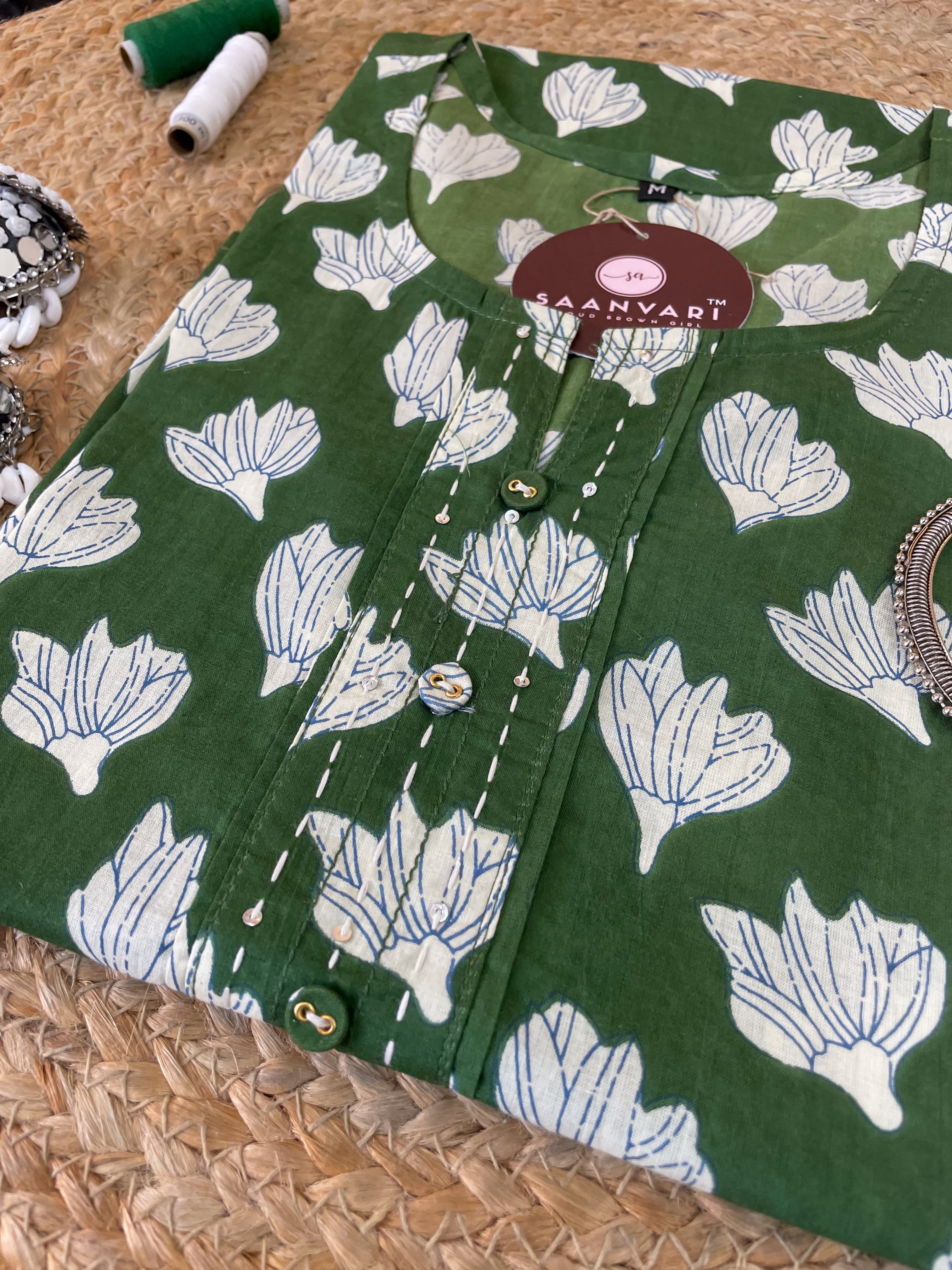 Green Floral Print Cotton Straight Kurta