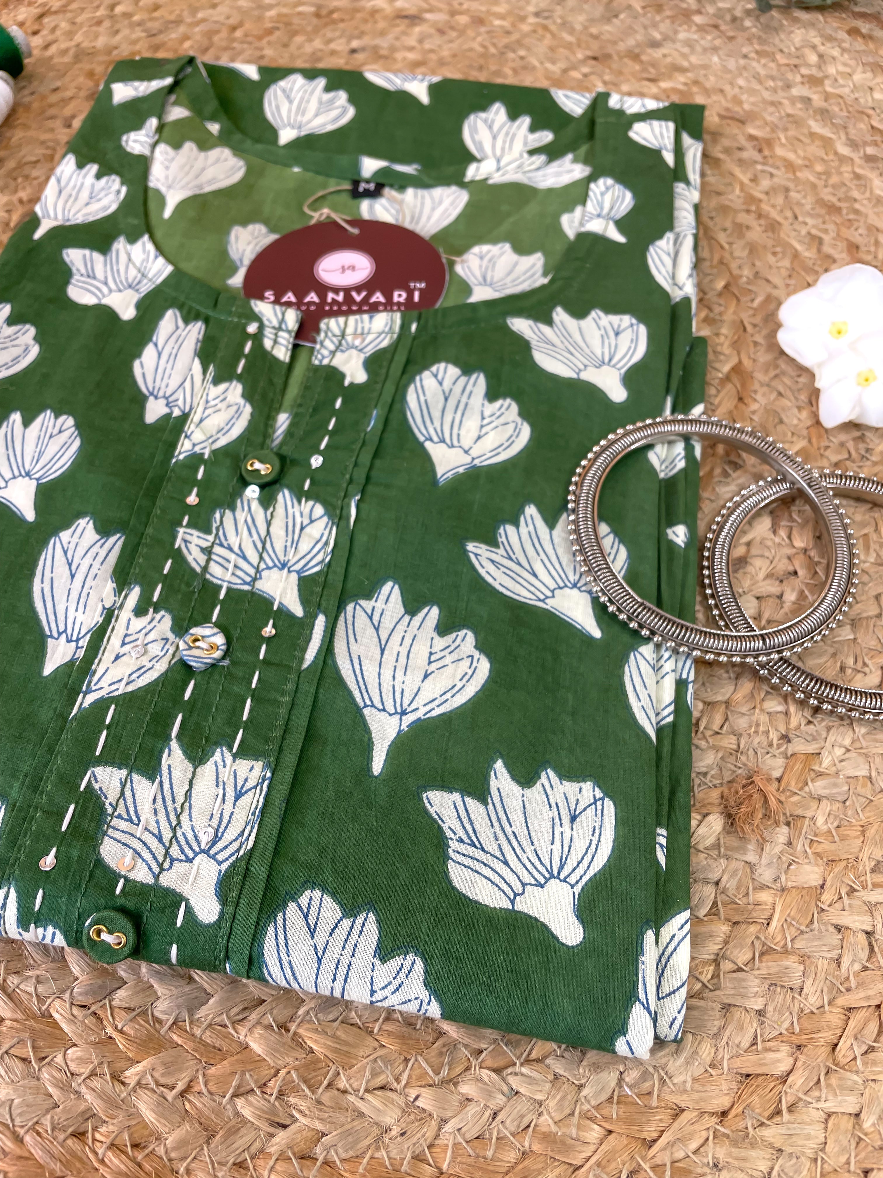 Green Floral Print Cotton Straight Kurta
