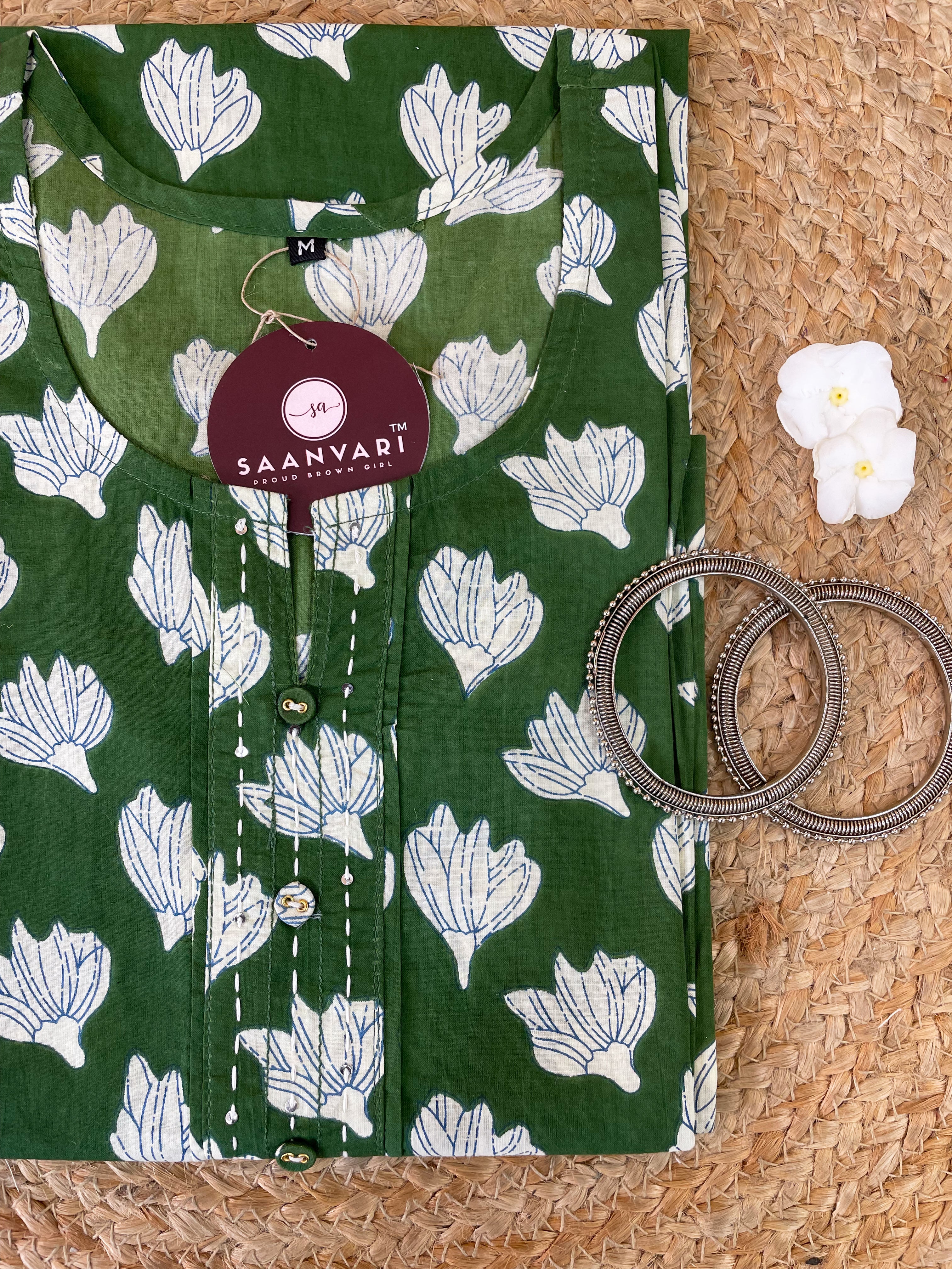 Green Floral Print Cotton Straight Kurta