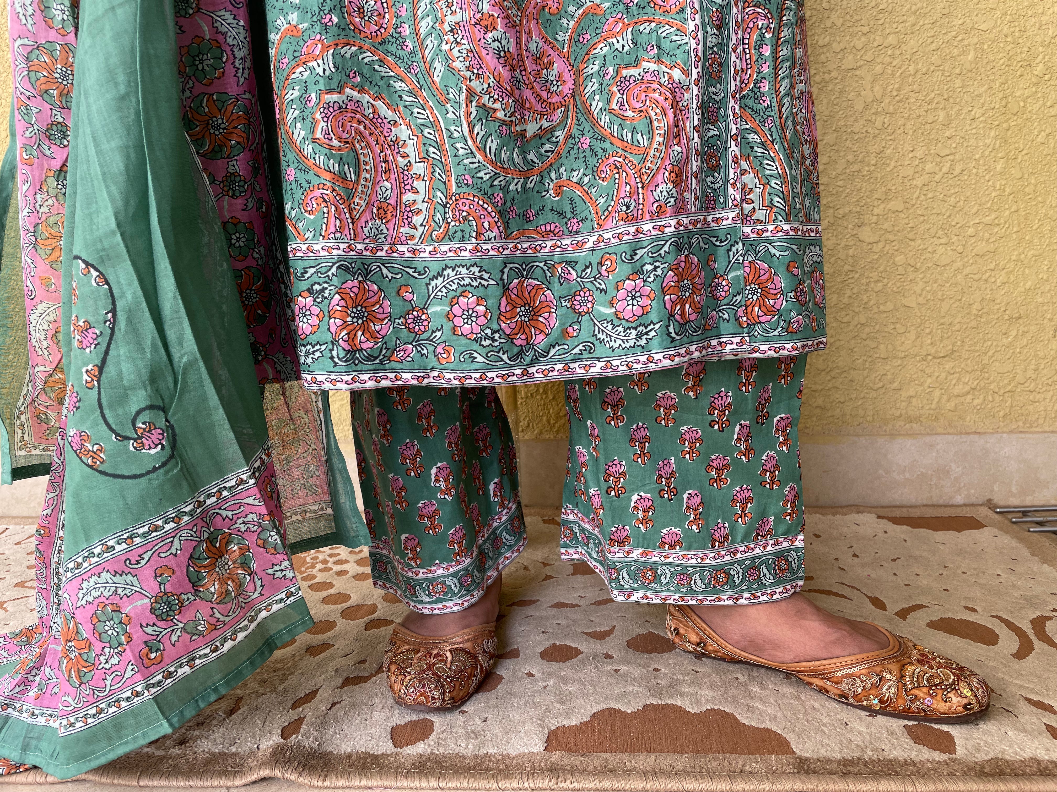 Angrakha Jaipuri Printed Cotton Suit ( Set of 3)