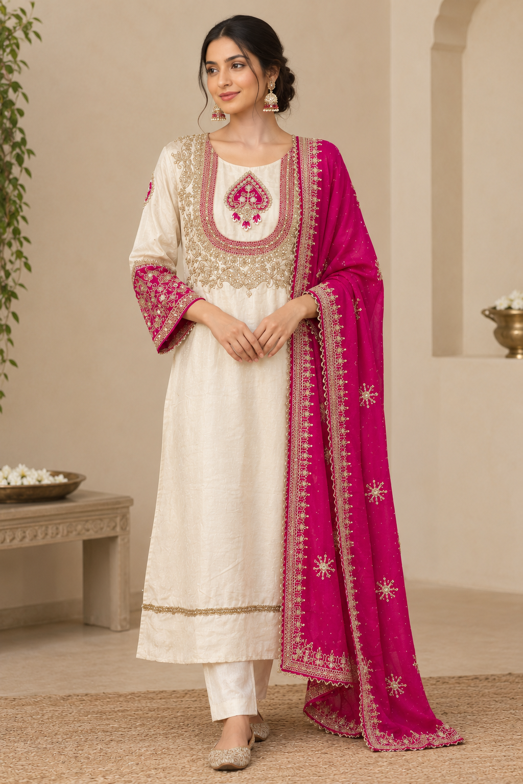 Ivory Silk Cotton Suit Set with Rani Pink Embroidered Dupatta