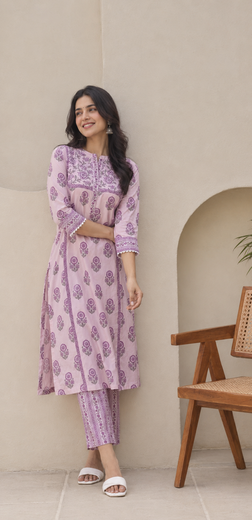 Lavender Bloom Cotton Kurta Pant Set with Lace & Sequin Detailing