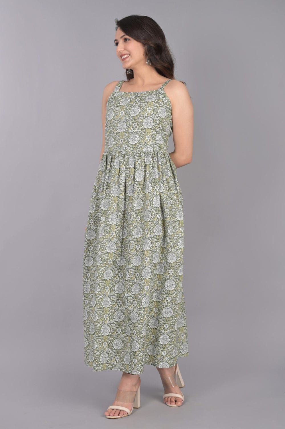 Jaipur Cotton Floral Midi Dress for Women | Sleeveless Summer Dress