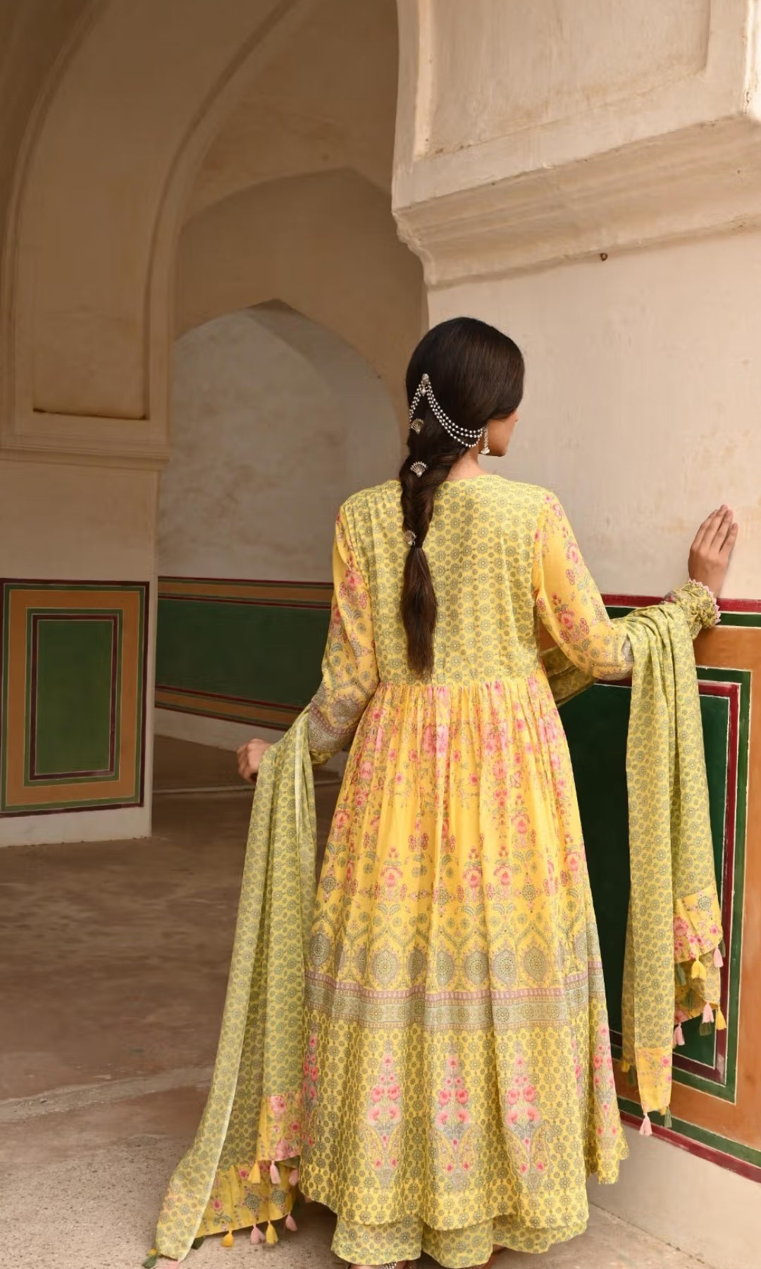 Light Yellow Printed Cotton Sharara Suit with Dupatta & Churidaar Sleeves