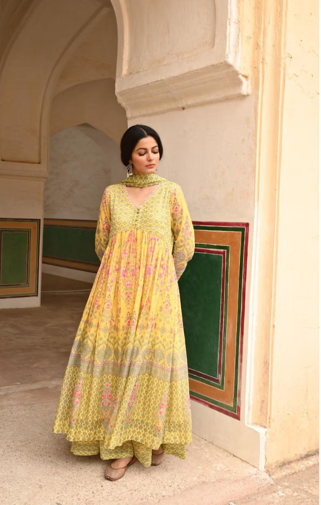 Light Yellow Printed Cotton Sharara Suit with Dupatta & Churidaar Sleeves