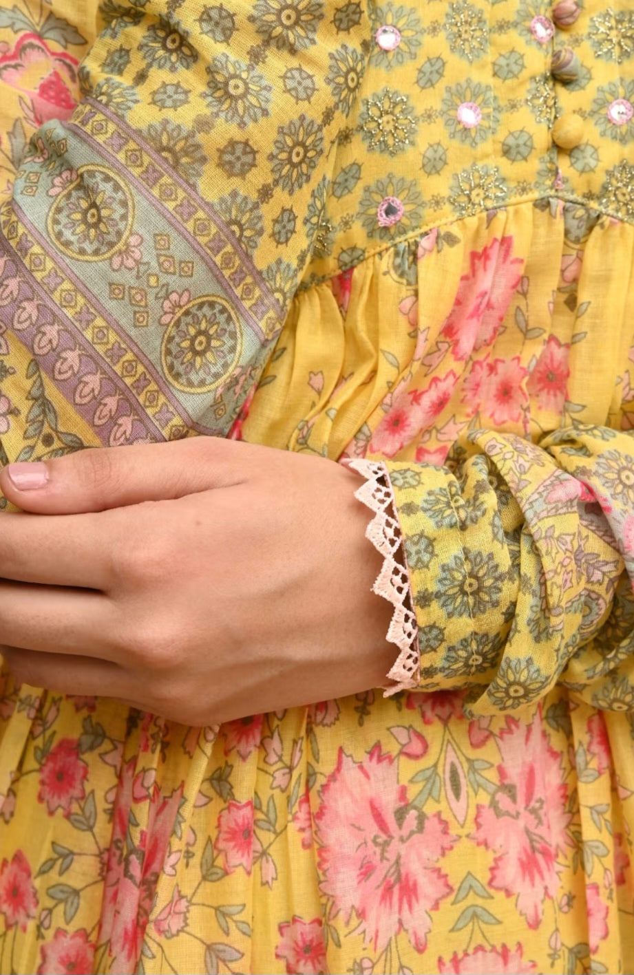 Light Yellow Printed Cotton Sharara Suit with Dupatta & Churidaar Sleeves
