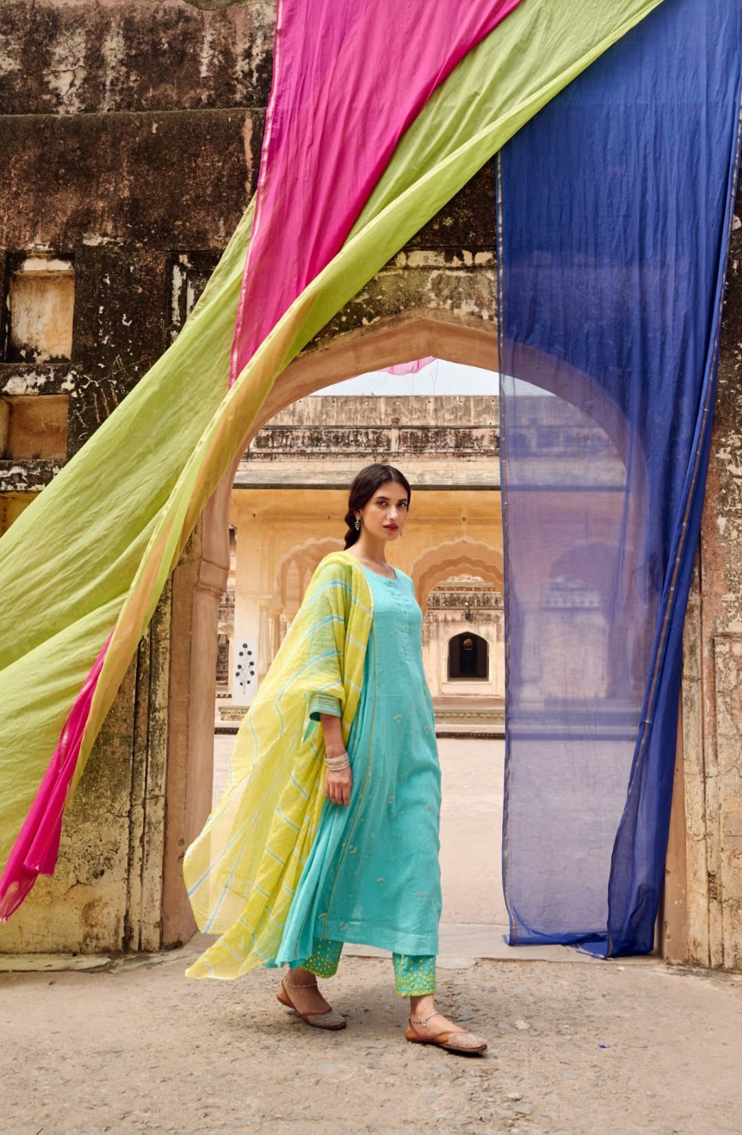 Firozi Embroidered Suit Set with Kota Doria Dupatta