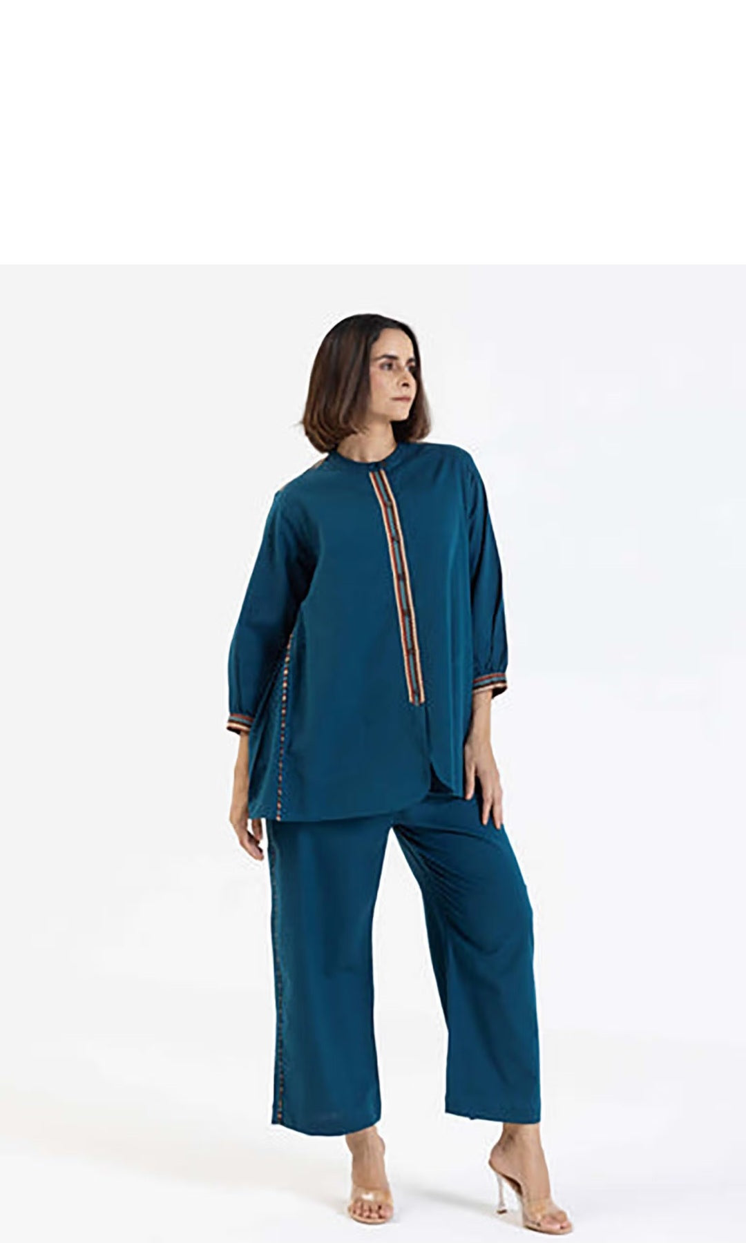 Blue Flex Cotton Coord Set with Printed Trims