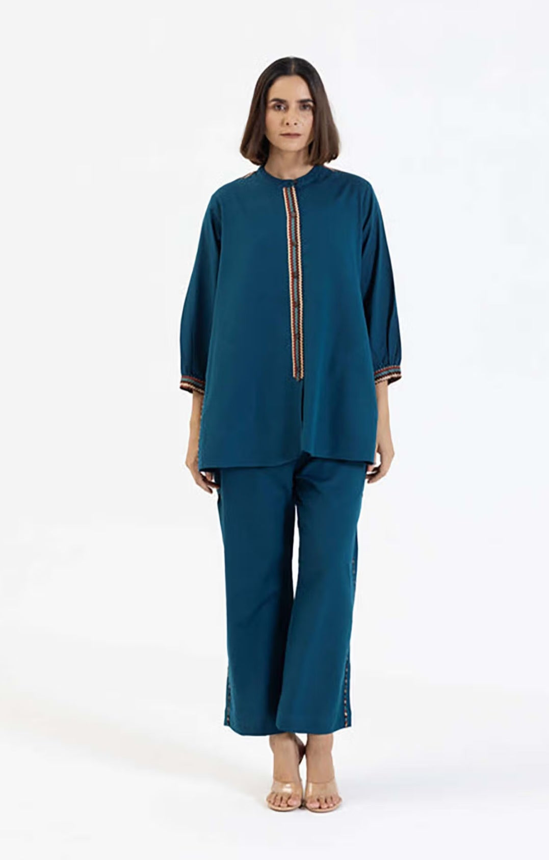 Blue Flex Cotton Coord Set with Printed Trims