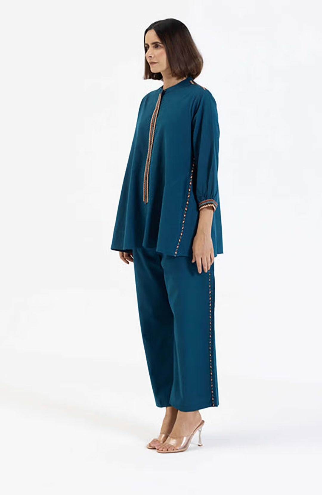 Blue Flex Cotton Coord Set with Printed Trims