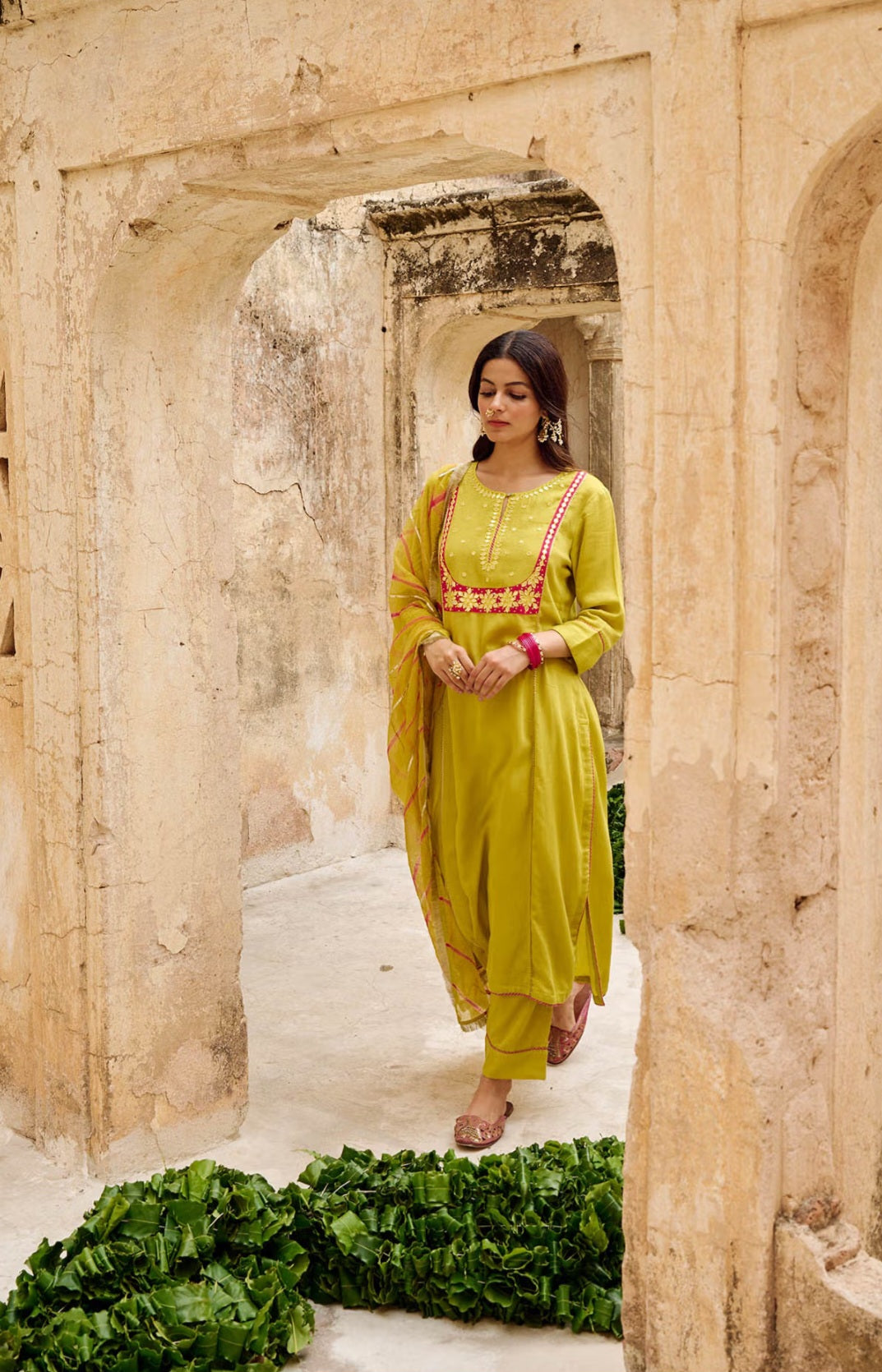 Lime Green Cotton Suit With Gotta Patti Work & Kota Doria Dupatta