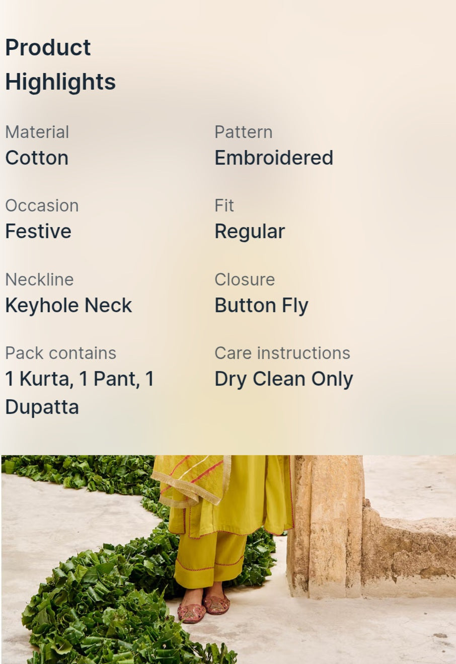 Lime Green Cotton Suit With Gotta Patti Work & Kota Doria Dupatta