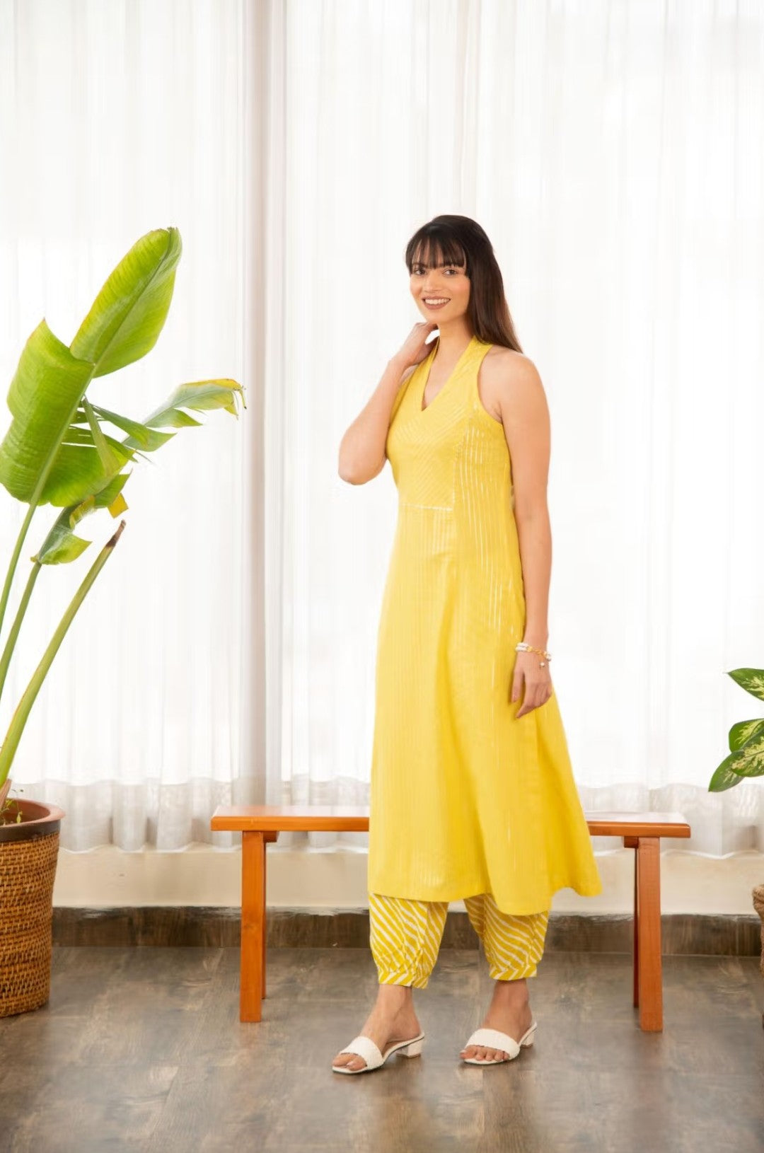 Halter Neck Kurta With Afghani Salwar – Yellow