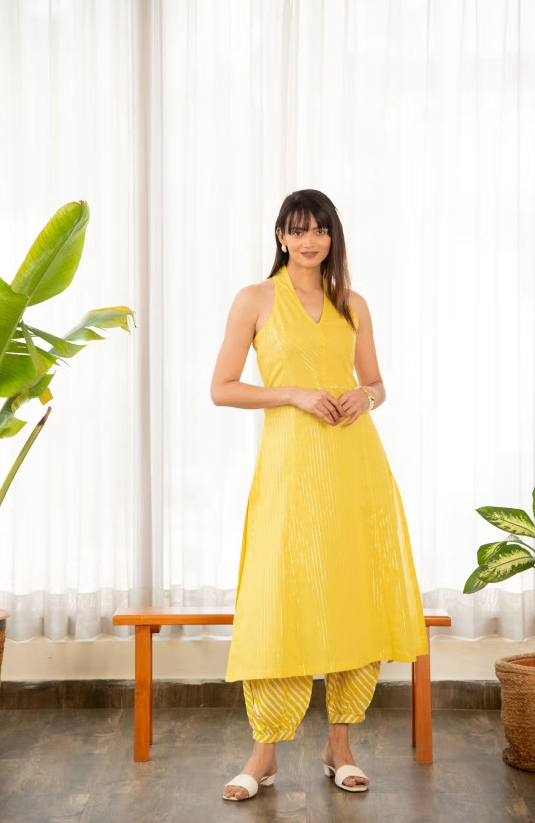 Halter Neck Kurta With Afghani Salwar – Yellow