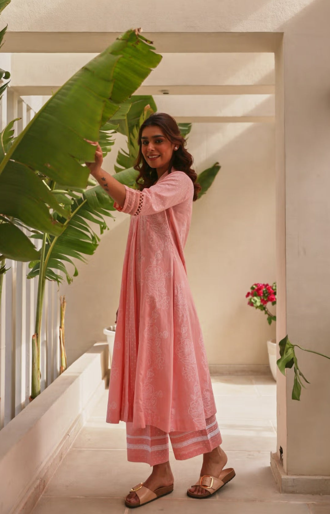 Pink Cotton Kurta–Pant Set with Delicate Lace Detailing – Jaipur Collection
