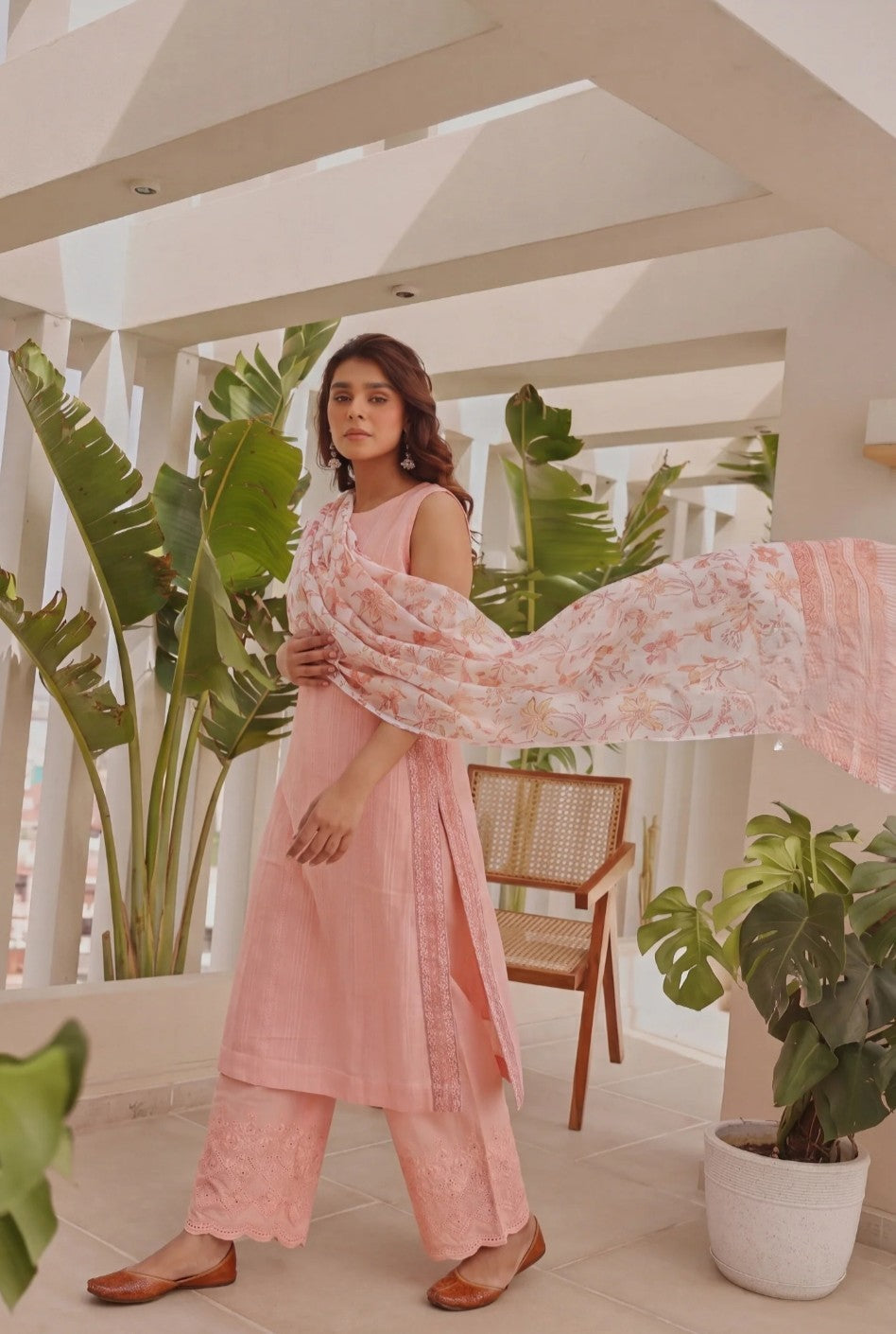 Peach Cotton Suit Set with Kota Doria Dupatta & Schiffli Pants