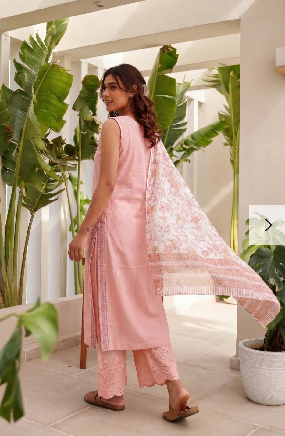 Peach Cotton Suit Set with Kota Doria Dupatta & Schiffli Pants