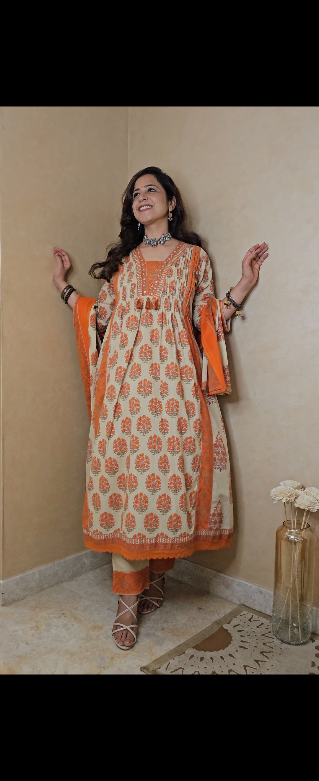Ivory & Orange Cotton Block Print Dupatta Suit Set with Pant
