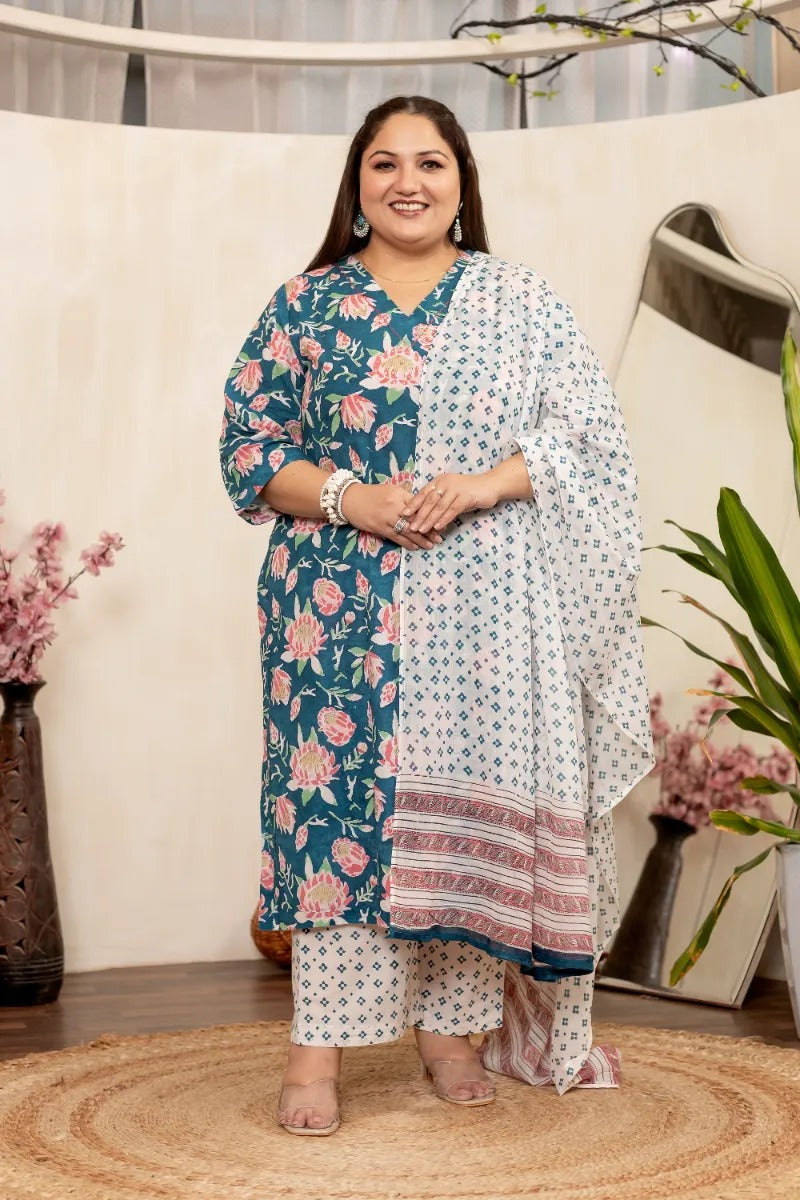 Plus Size : Printed Cotton Suit Set with Dupatta (3XL - 6XL)