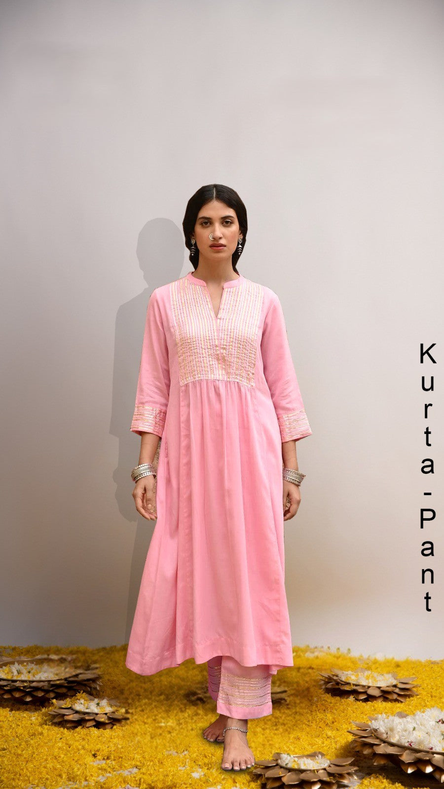 Pink Cotton Kurta–Pant Set with Gotta Work