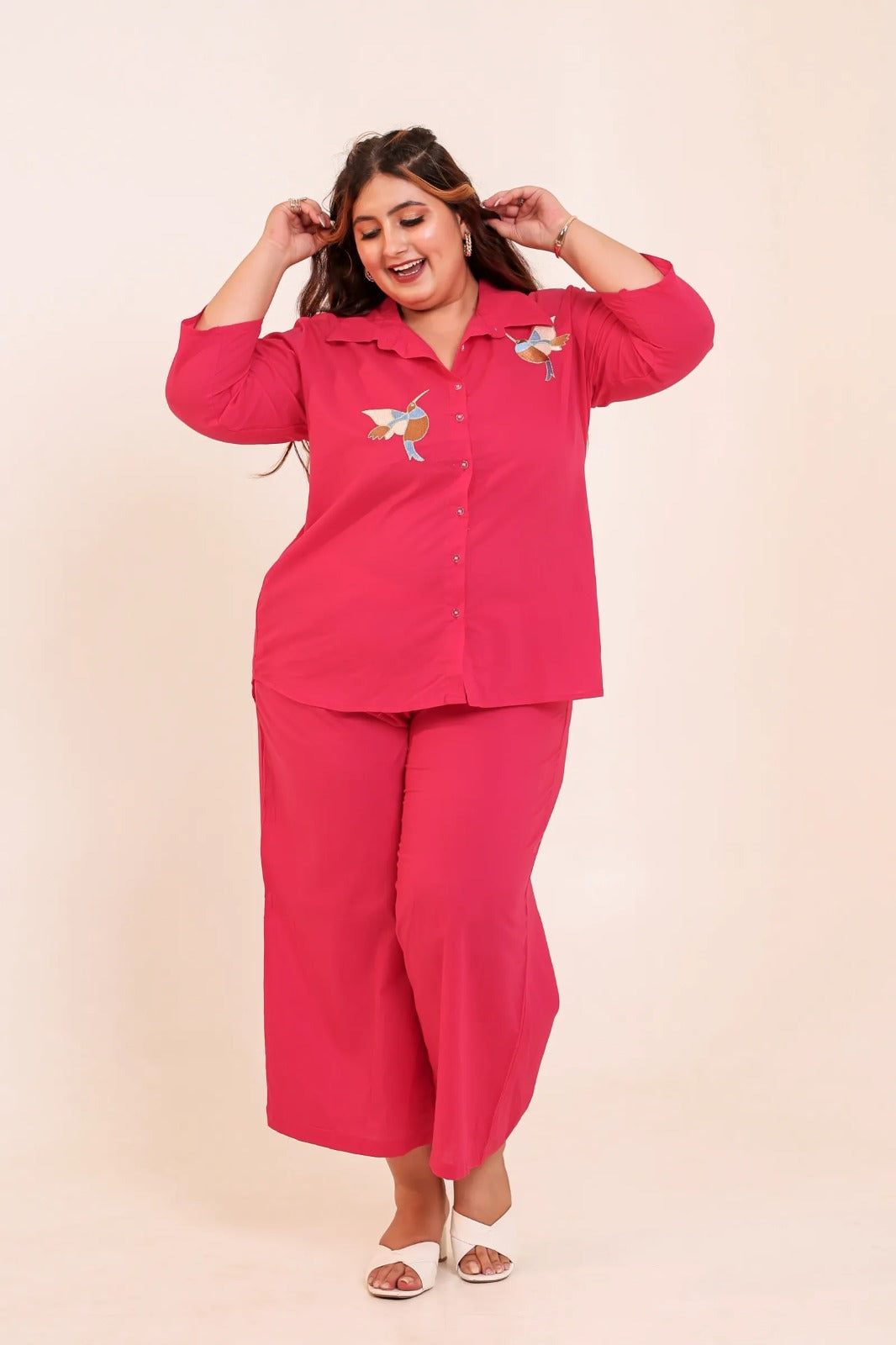 Plus Size : Rose Pink Solid Cotton Co-ord Set with Bird Embroidery (3XL – 6XL)