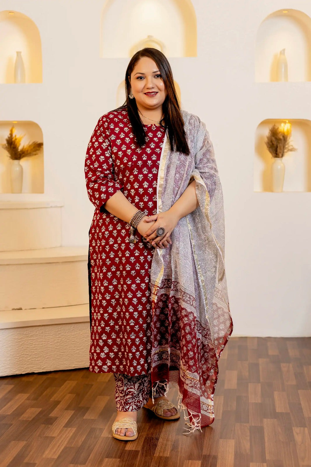 Plus Size : Block Print Red Color Cotton Dupatta Suit (4XL – 7XL)