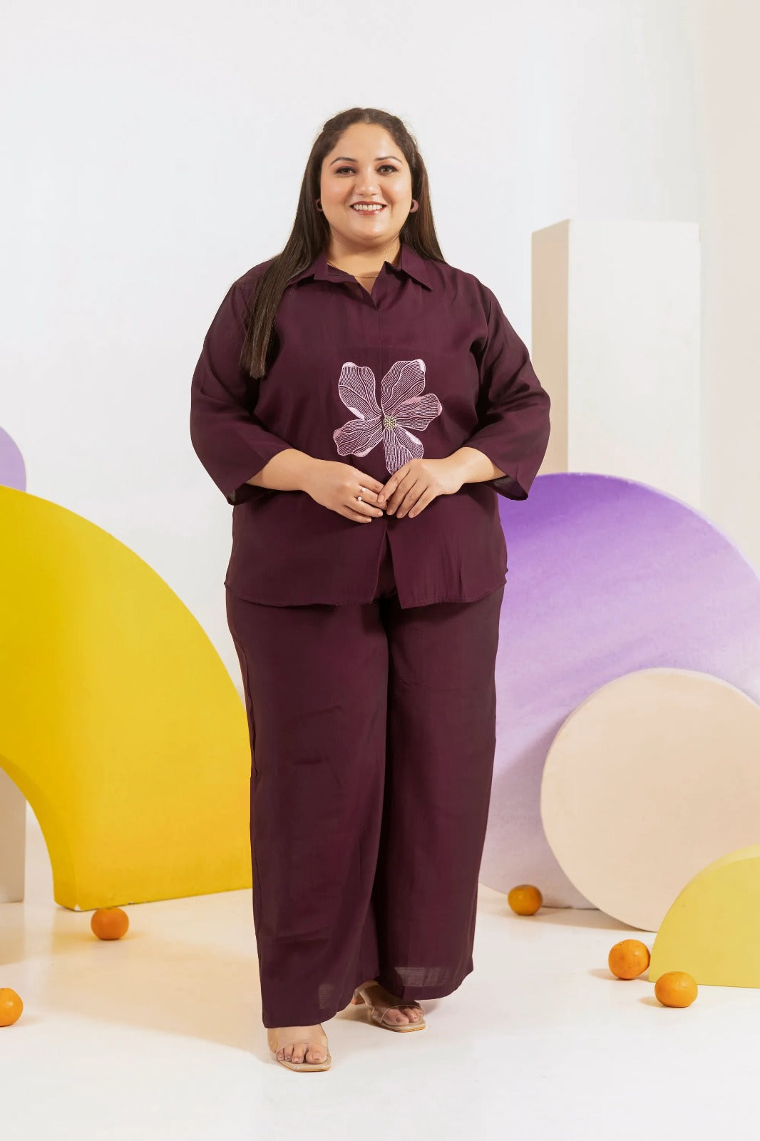 Plus Size : Wine Plum Solid Cotton Co-ord Set with Floral Embroidery (4XL - 6XL)