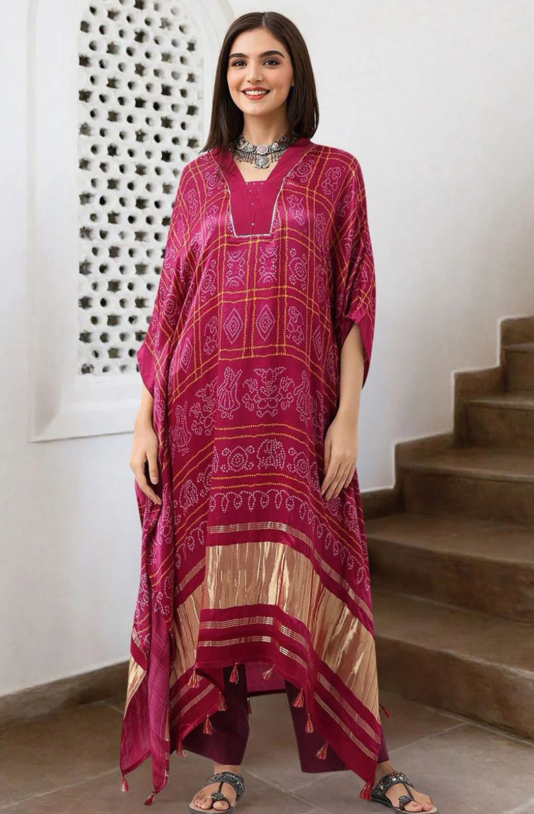 Kaftan-Style Silk Kurta Crafted In Rich Jaipur-Inspired Bandhej Pattern