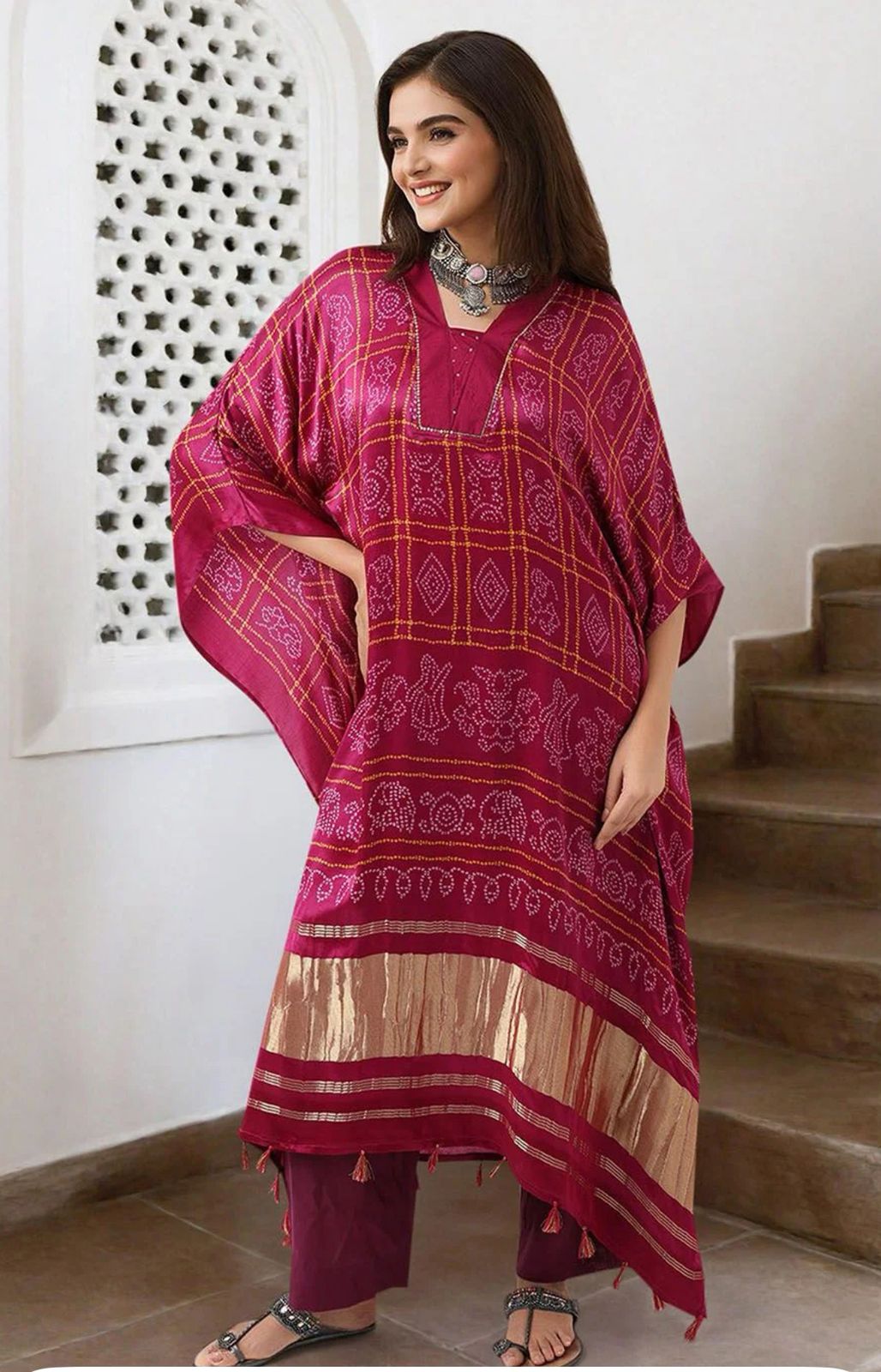 Kaftan-Style Silk Kurta Crafted In Rich Jaipur-Inspired Bandhej Pattern