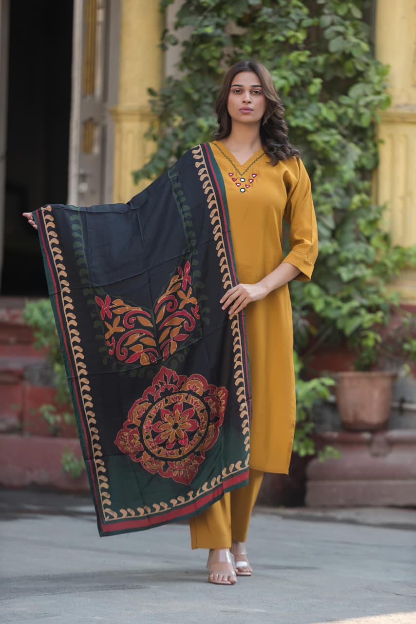 Mustard Yellow Straight Kurta Pant Set with Black Printed Dupatta