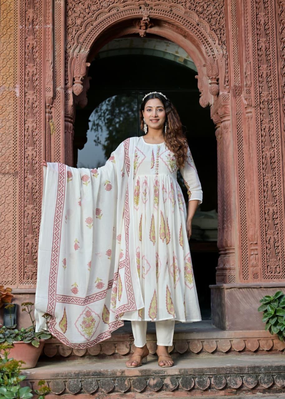 Rust & Ivory Handblock Anarkali Set