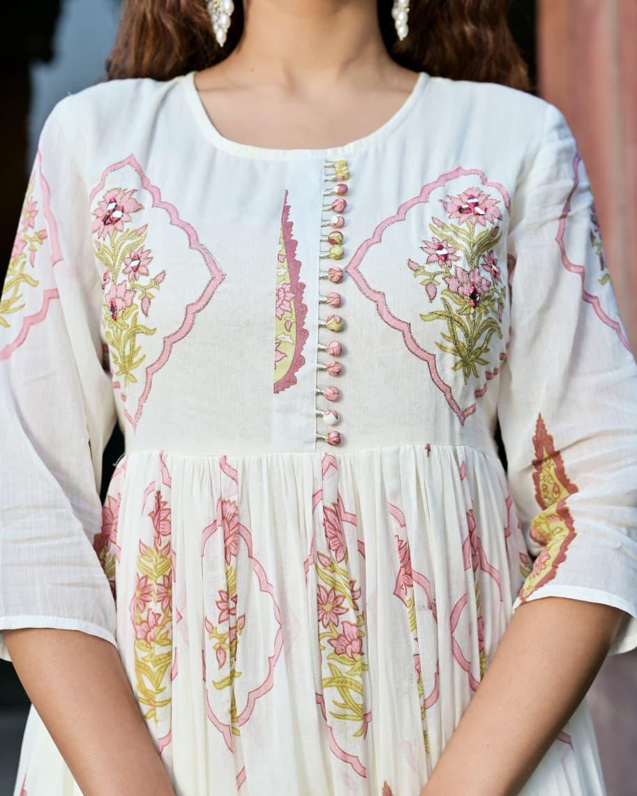 Rust & Ivory Handblock Anarkali Set