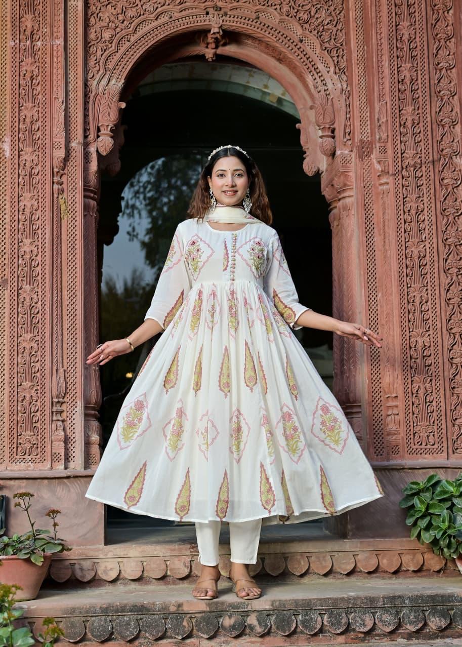 Rust & Ivory Handblock Anarkali Set