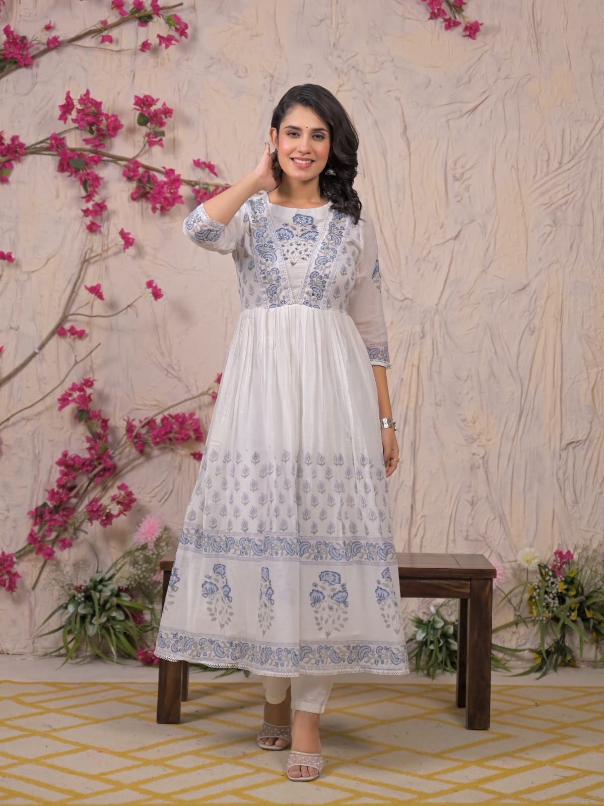 Ethereal Blue Handblock Anarkali Set