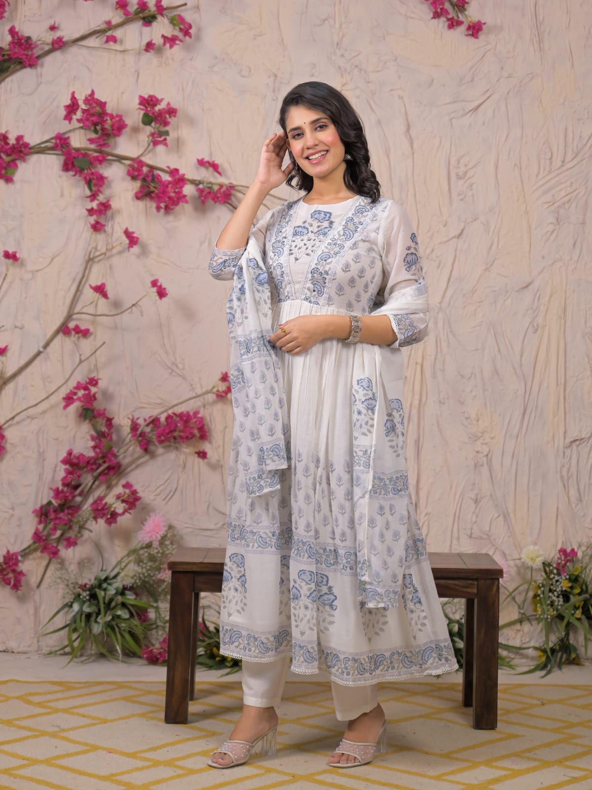 Ethereal Blue Handblock Anarkali Set