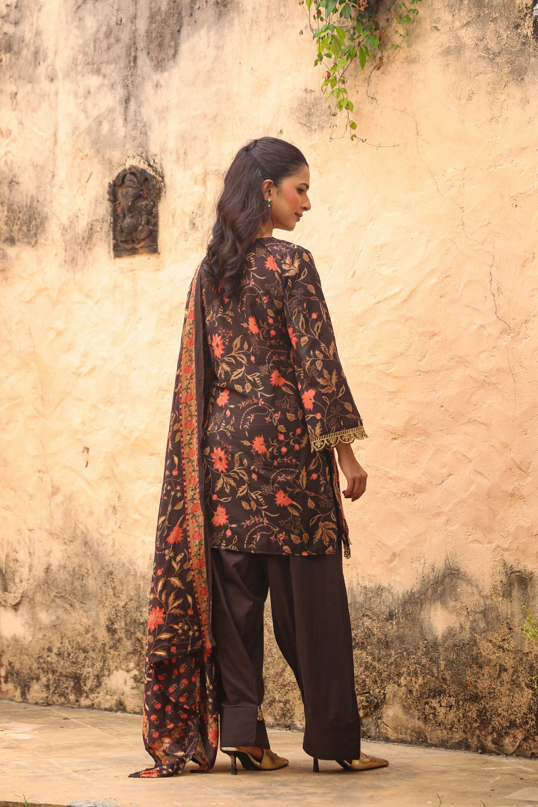 Charcoal Brown Cotton Kurta with Farshi Salwar & Dupatta | 3-Piece Jaipur Set