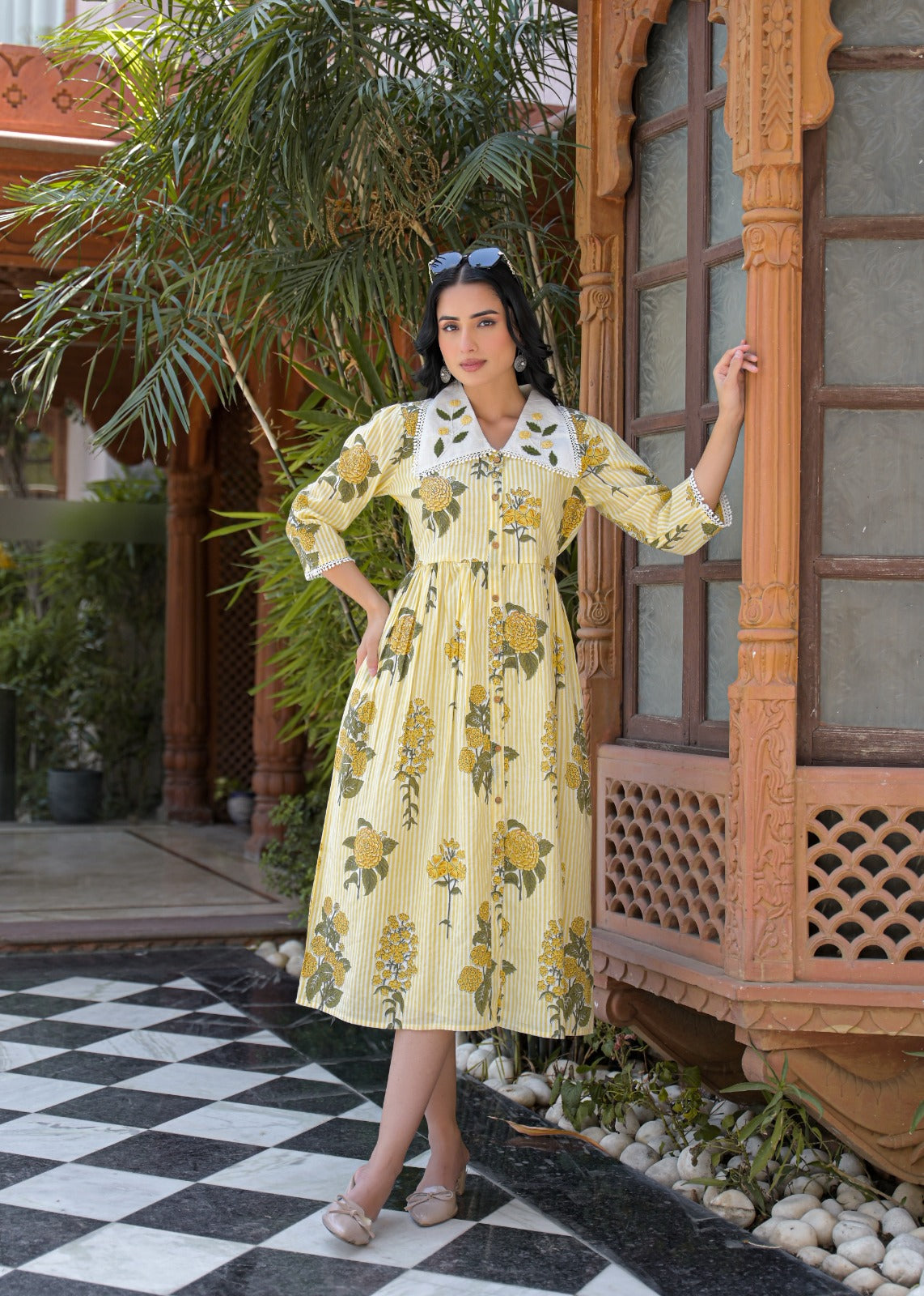 Floral Stripe Cotton Dress | Jaipur Collection