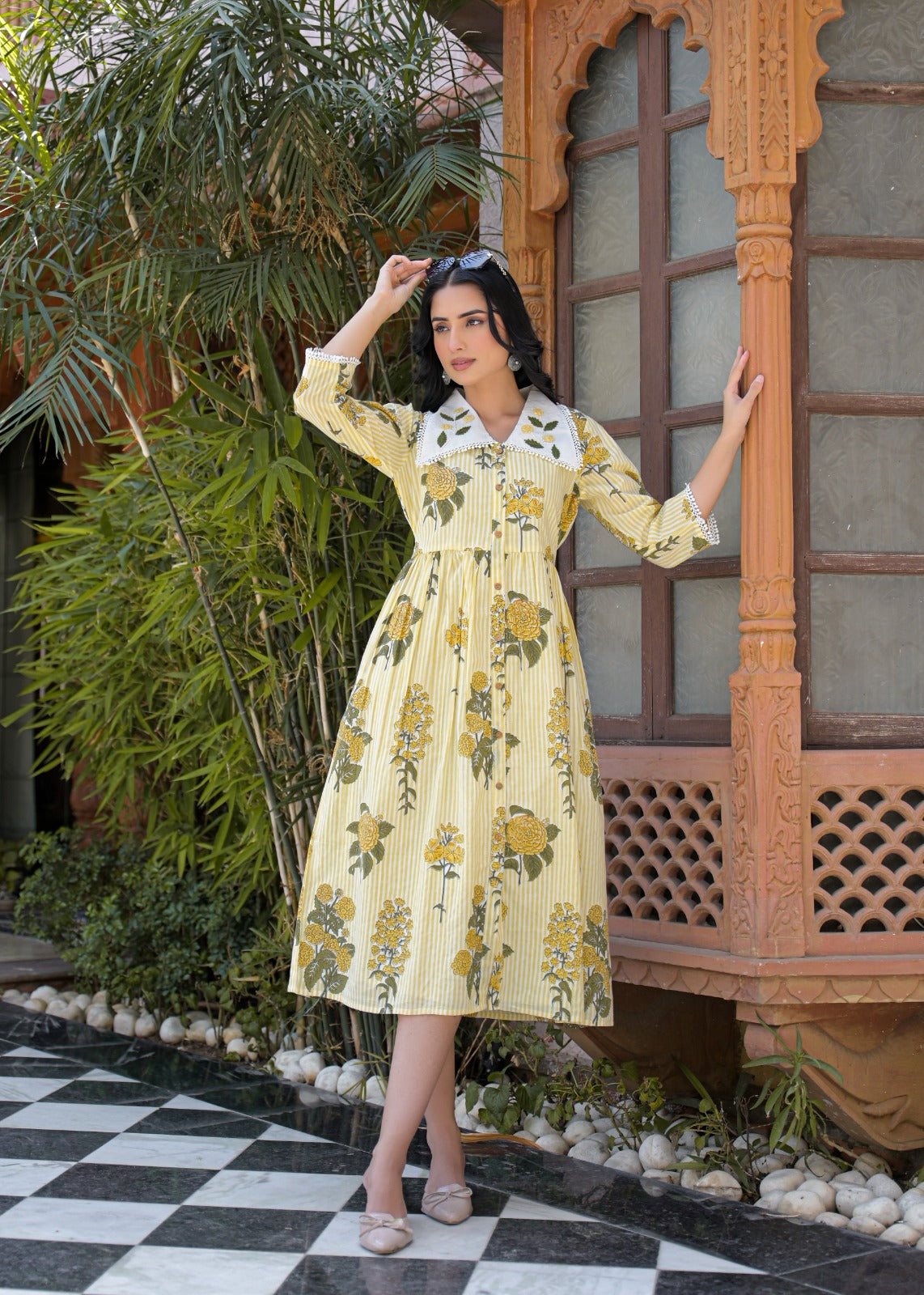 Floral Stripe Cotton Dress | Jaipur Collection