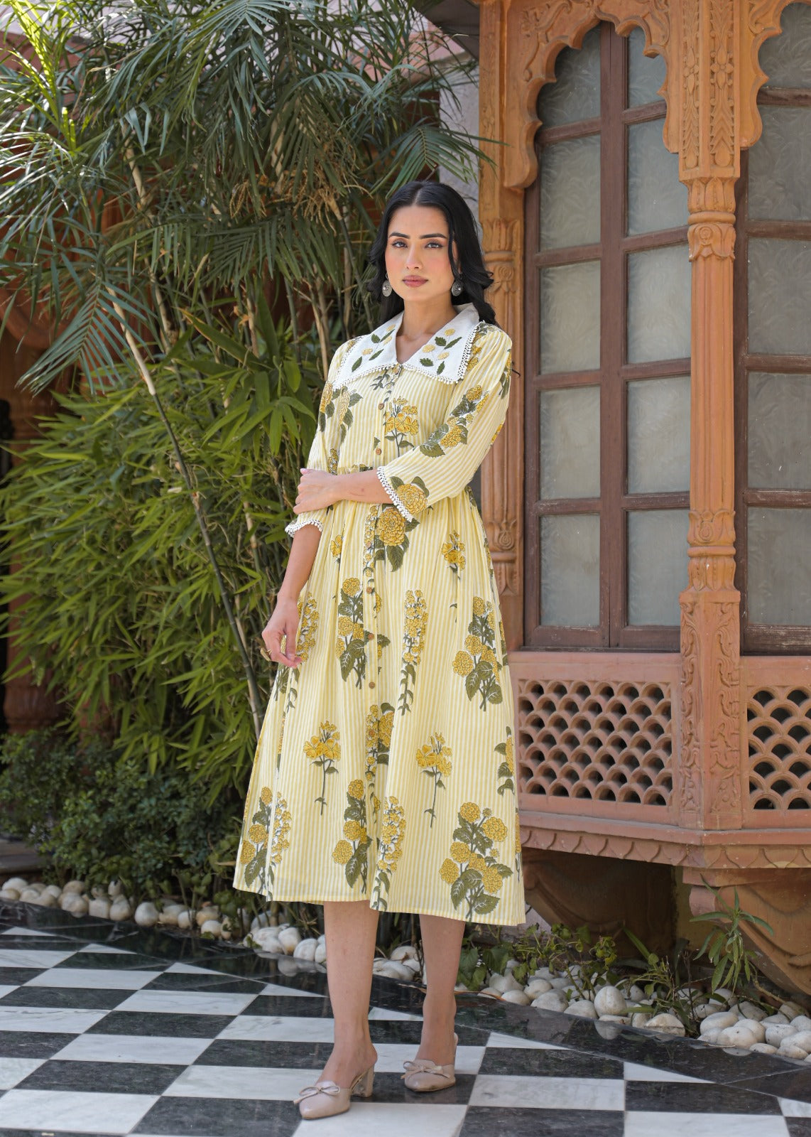 Floral Stripe Cotton Dress | Jaipur Collection