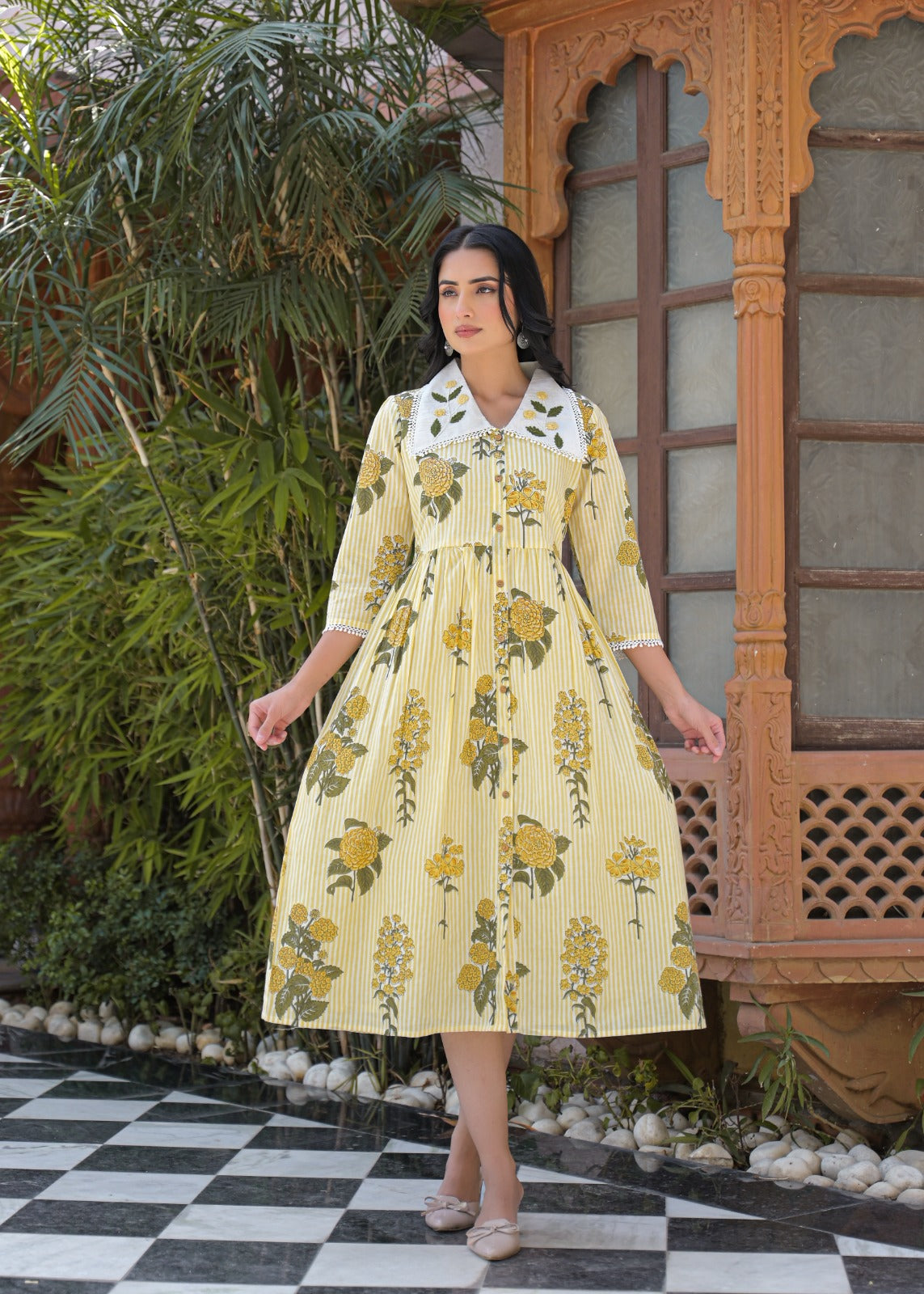 Floral Stripe Cotton Dress | Jaipur Collection
