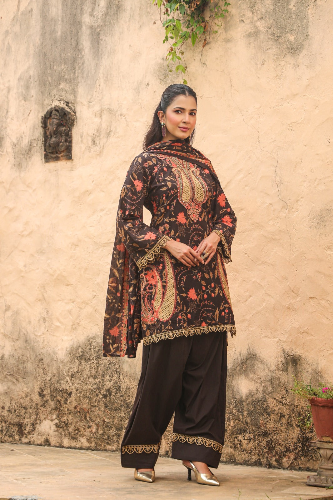 Charcoal Brown Cotton Kurta with Farshi Salwar & Dupatta | 3-Piece Jaipur Set
